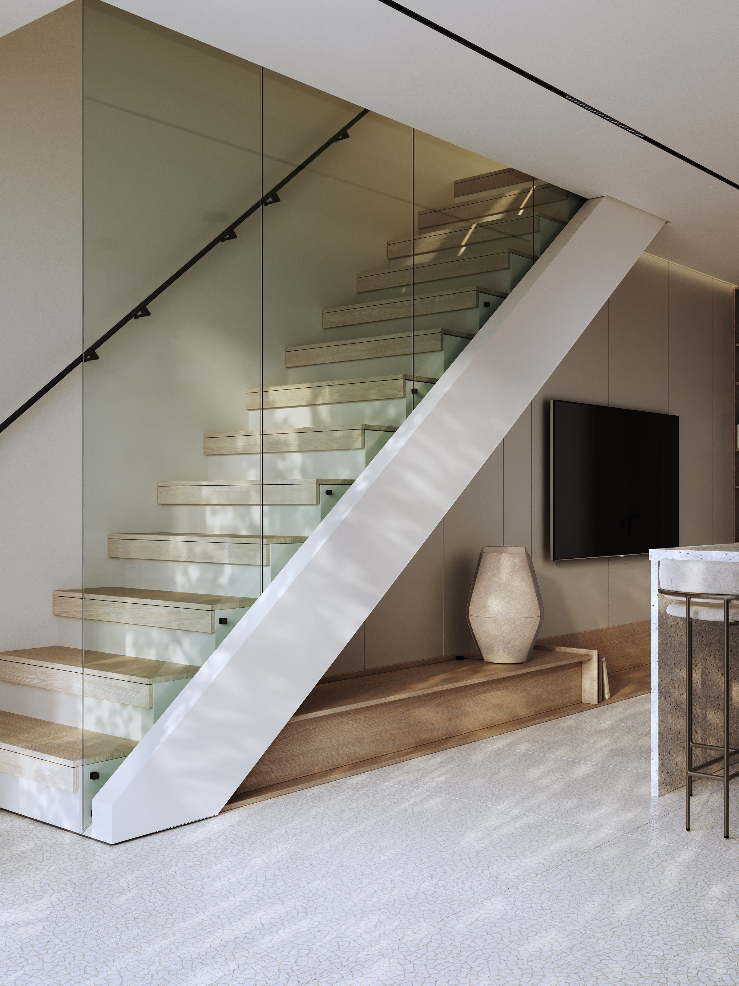 визуализация кухни гостиной  в нежных тонах  в сером минималистичном современном  стиле на Бали лестница 