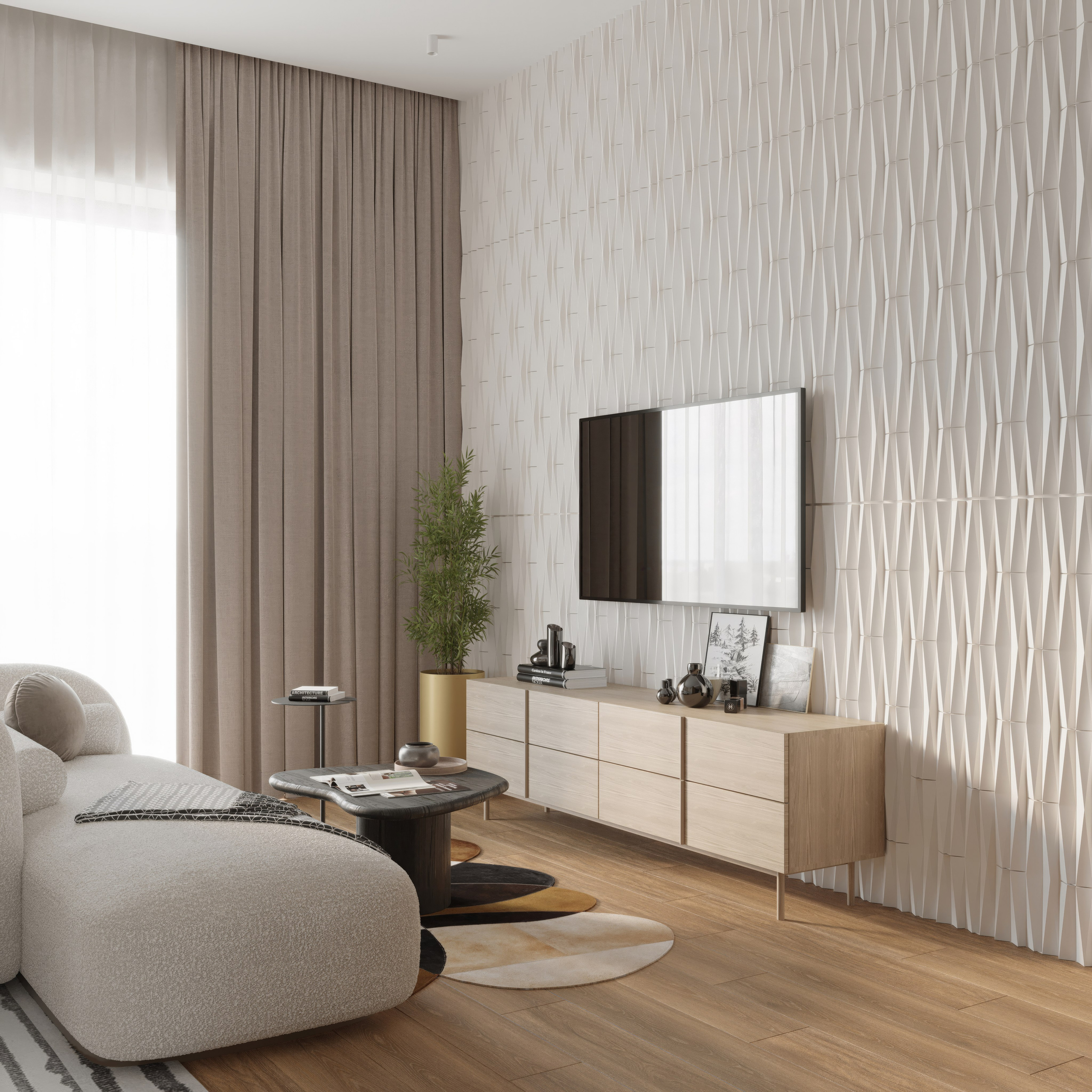 3Д визуализация и дизайн кухни-гостиной в премиальной квартире. Город Сочи.