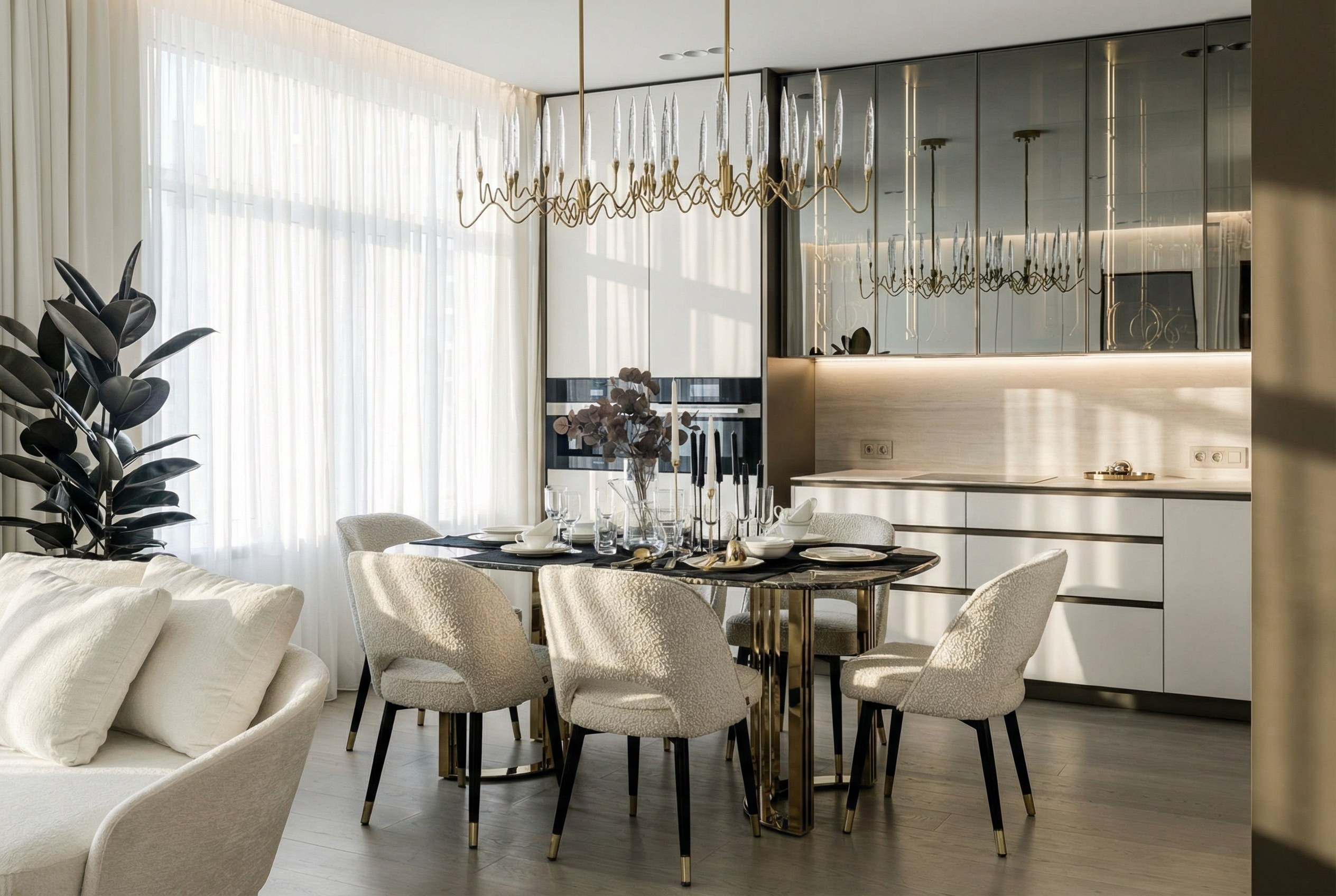 Интерьер столовой и кухни в квартире 110 м² от Валерии Котович: обеденный стол с латунными ножками, стулья букле, зеркальные кухонные шкафы и дизайнерская люстра.