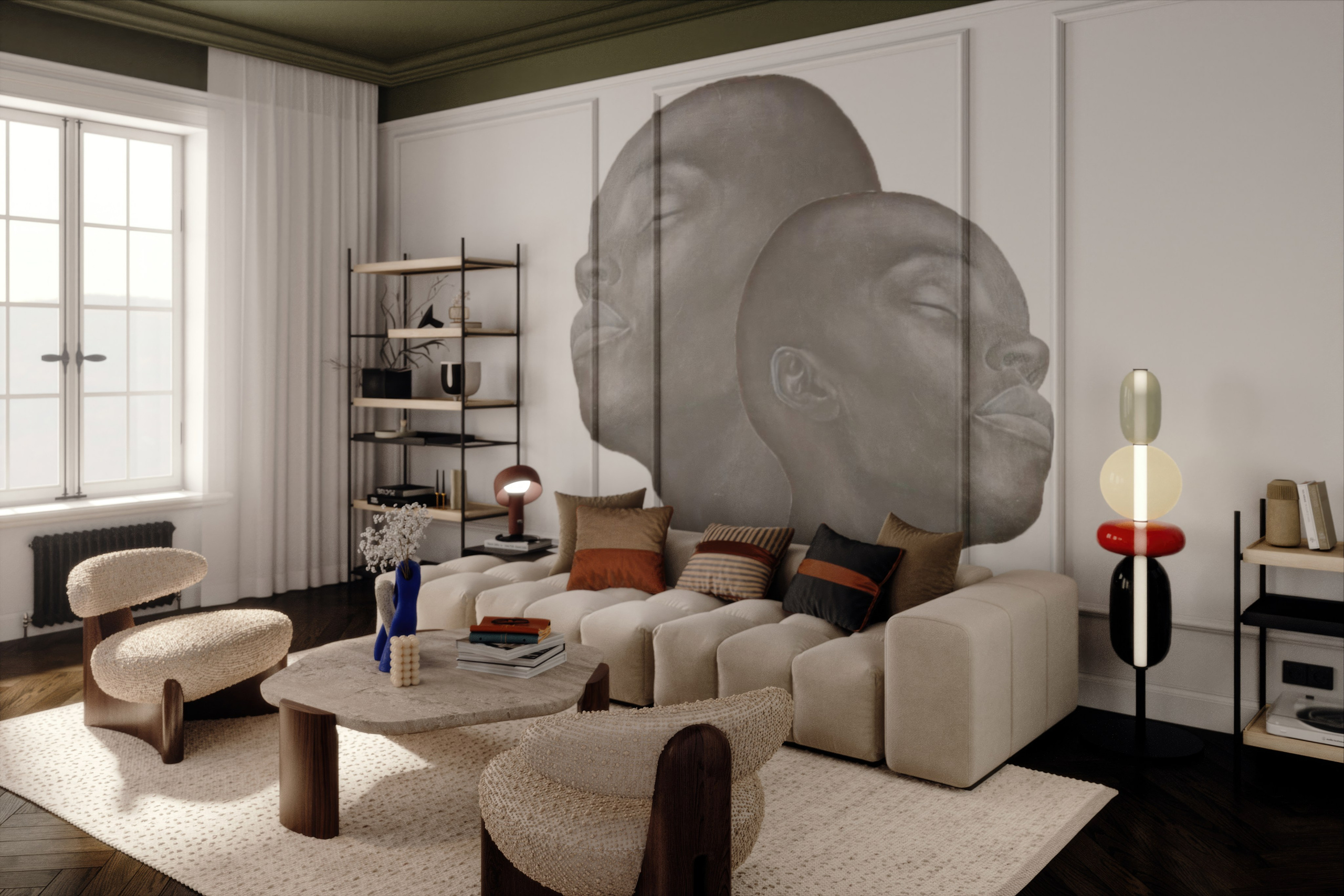 Интерьер гостиной в неоклассическом стиле. 3D визуализация интерьера и архитектурной среды