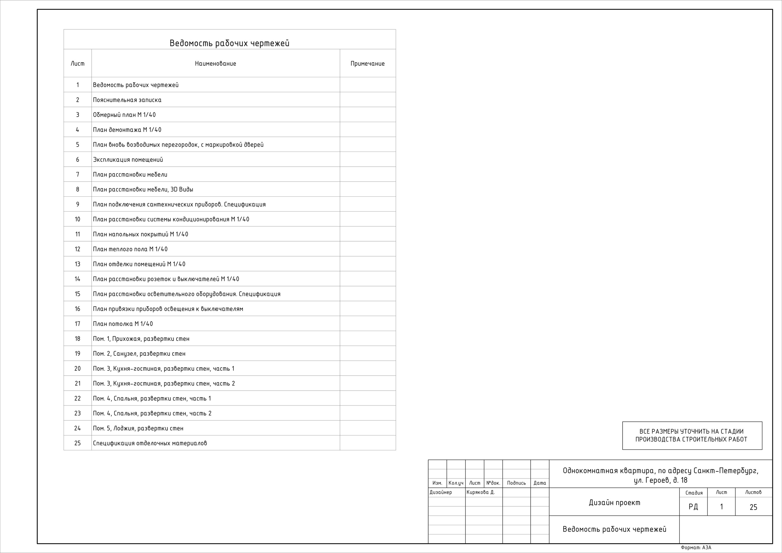 Однокомнатная квартира дизайнер Кирякова Д. Студия обмеров и проектирования