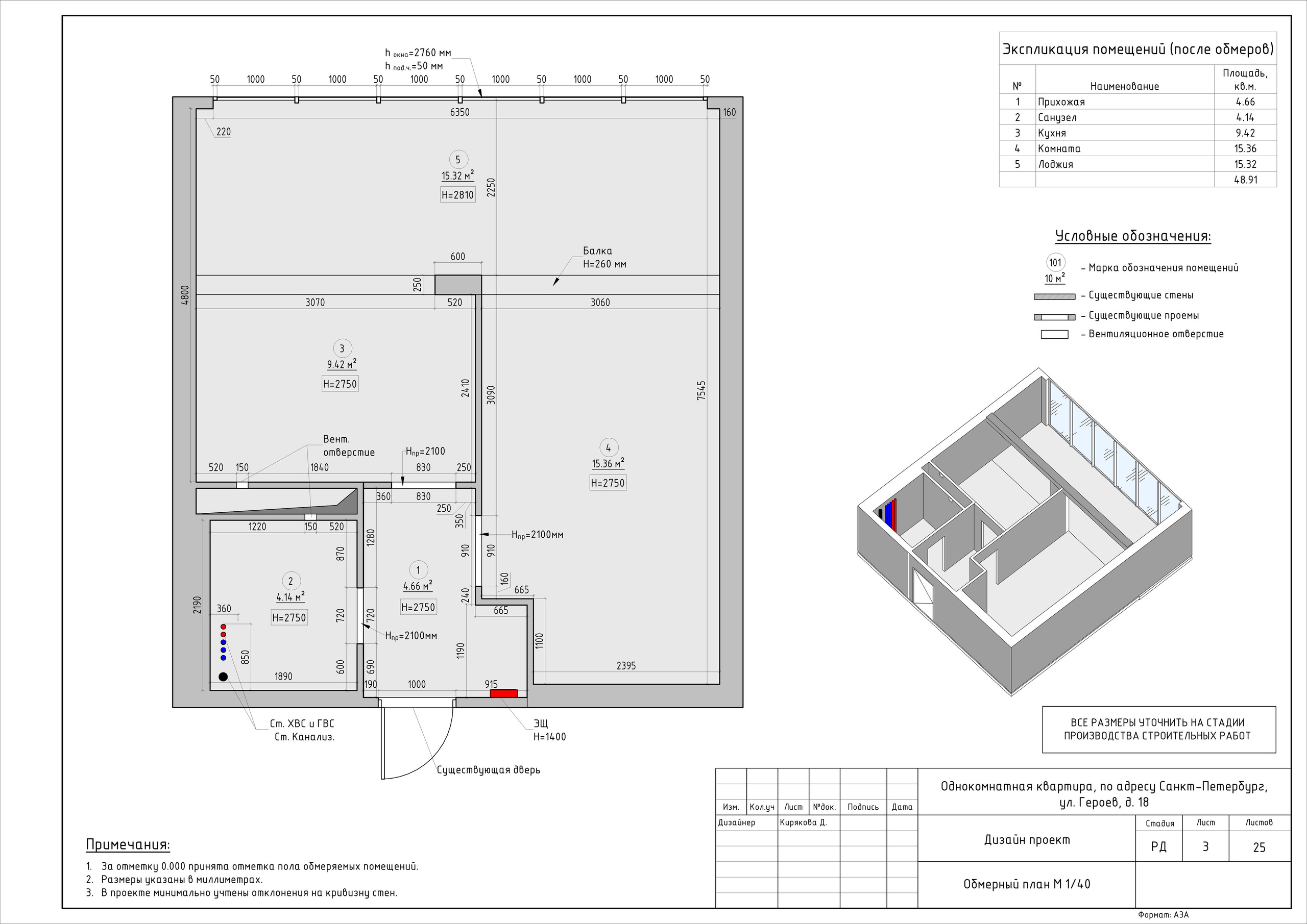 Однокомнатная квартира дизайнер Кирякова Д. Студия обмеров и проектирования