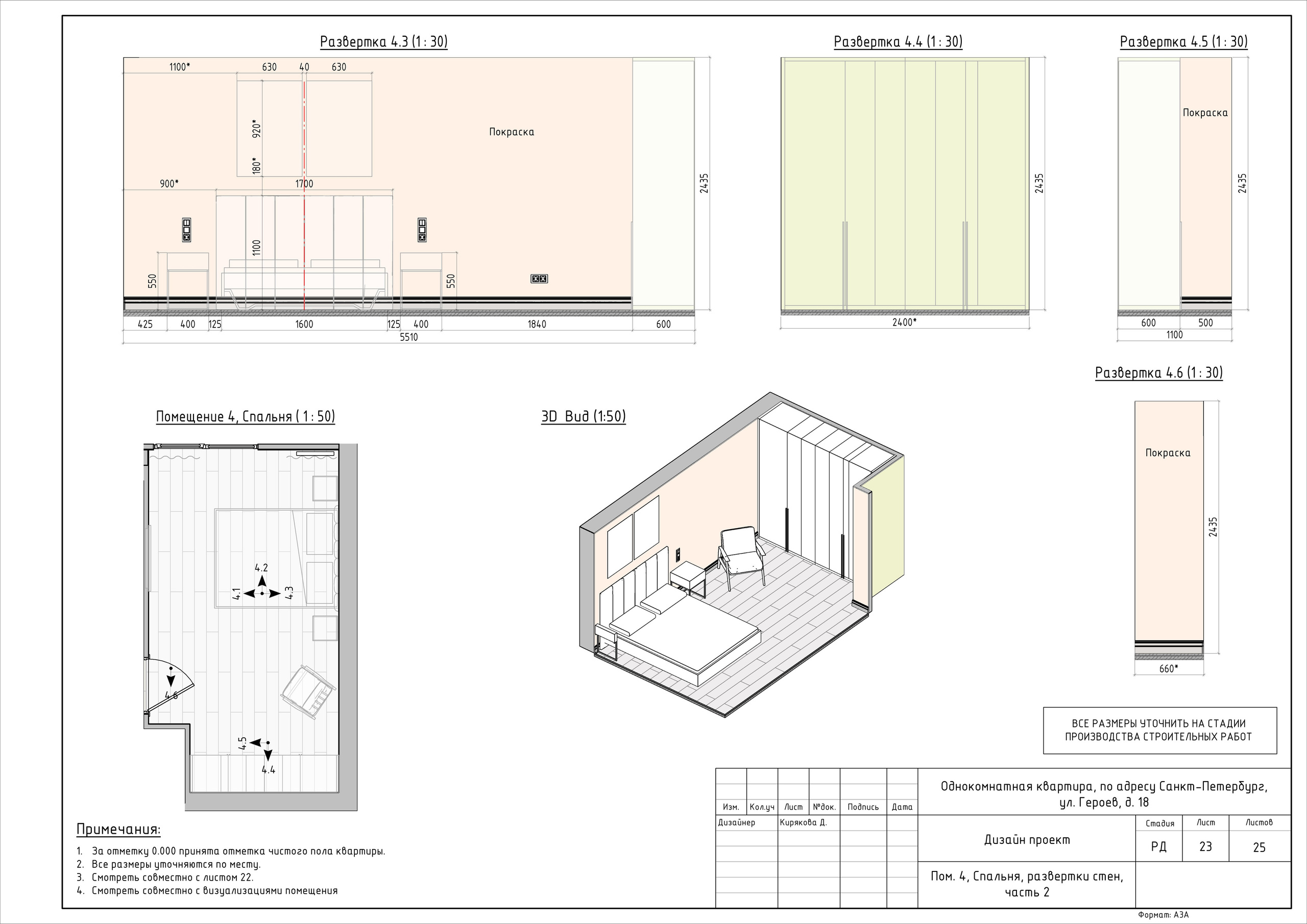 Однокомнатная квартира дизайнер Кирякова Д. Студия обмеров и проектирования