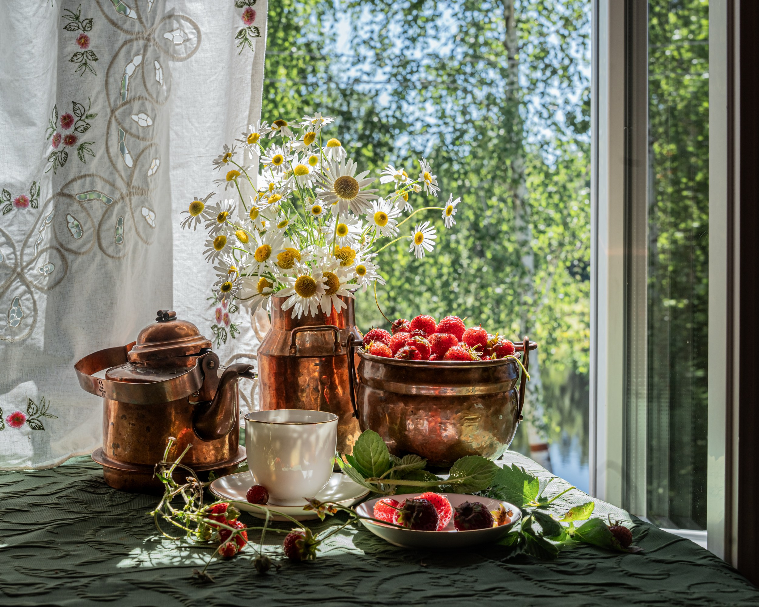 Летний натюрморт с видом на озеро на даче