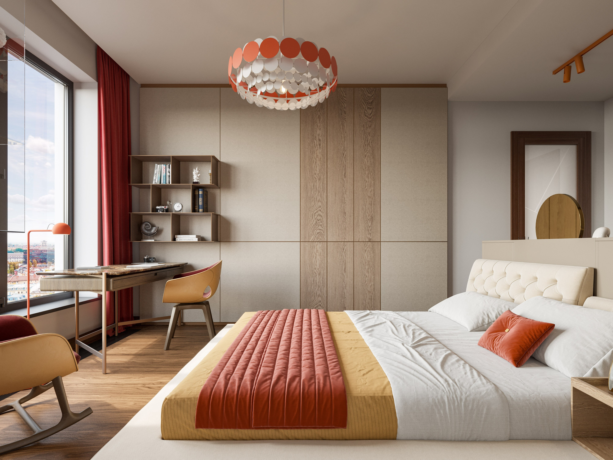 Визуализация спальни в белградской квартире с панорамным остеклением и видом на город