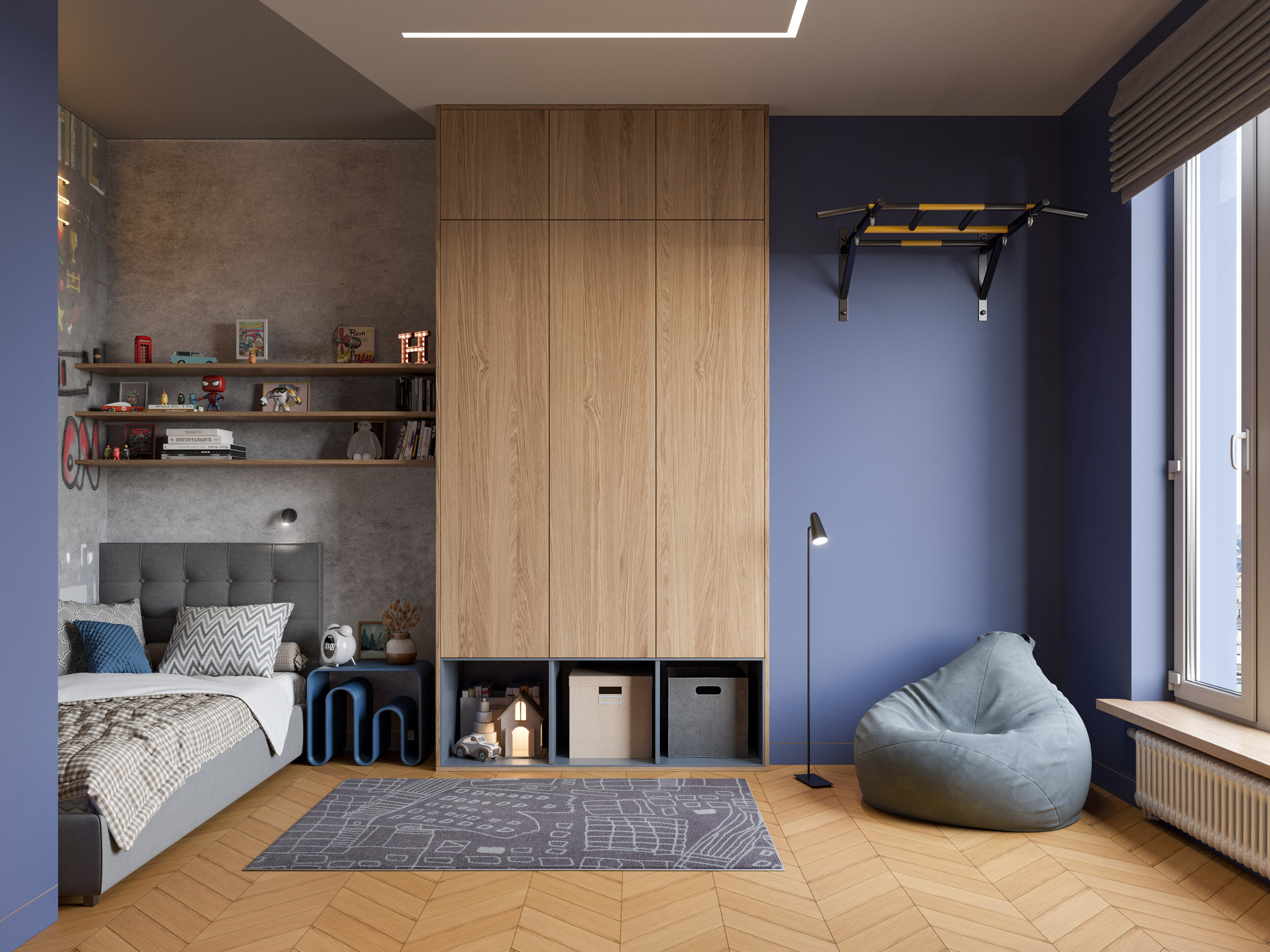Спальня подростка с синим ковром, игровой зоной и системой хранения для игрушек