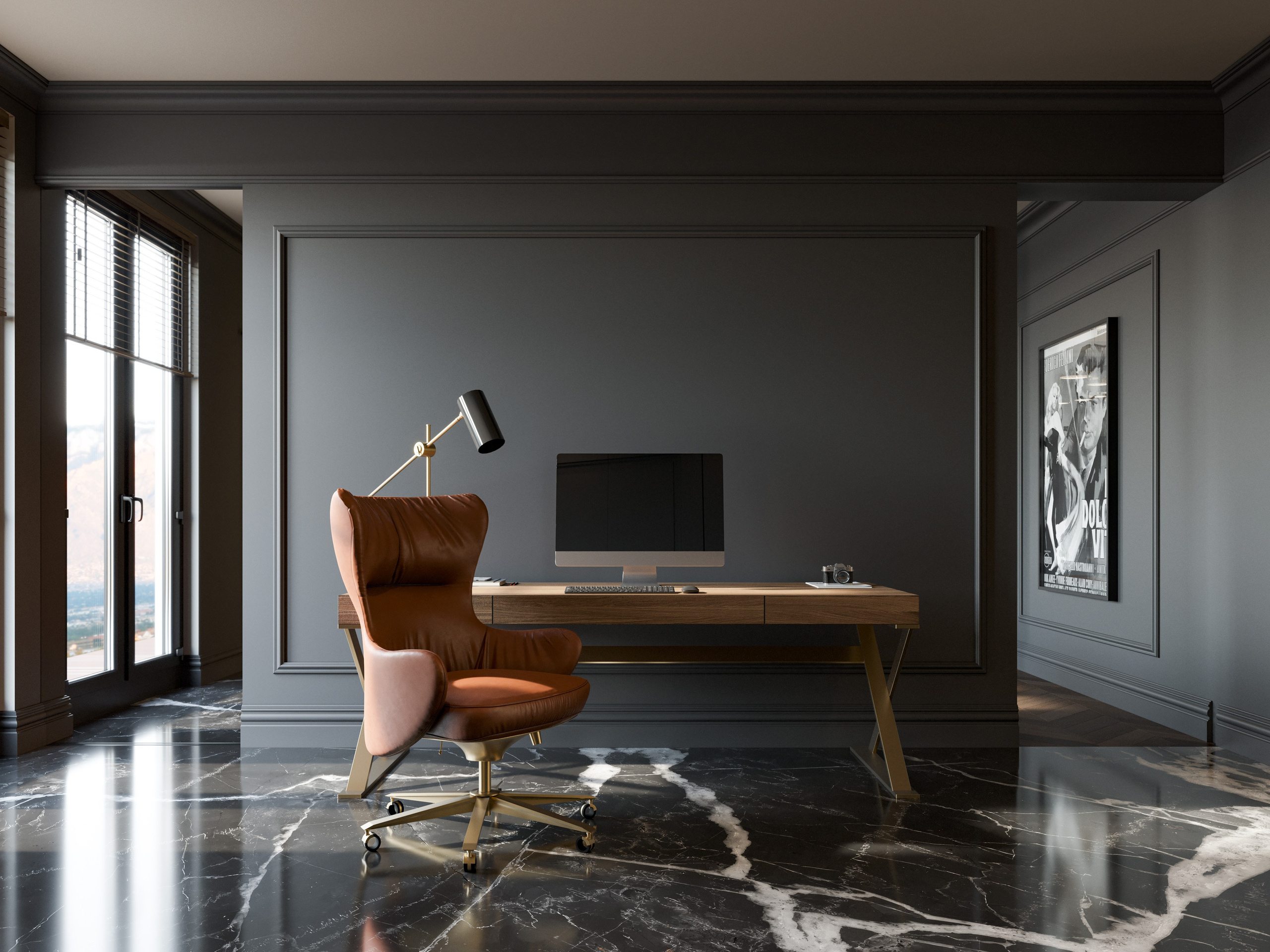 3D визуализация рабочей зоны и раздвижных дверей между спальней и гардеробной