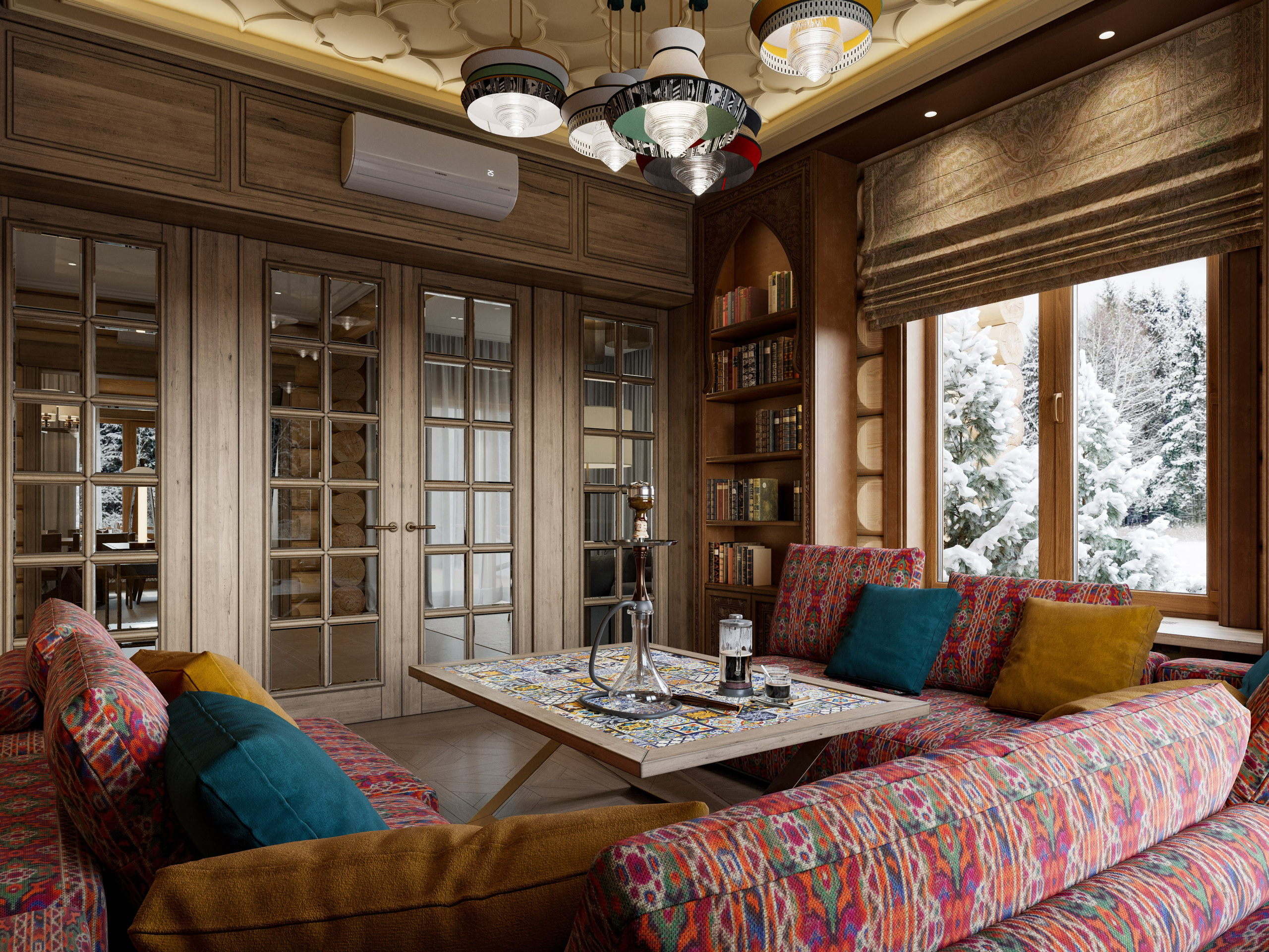 Библиотека-гостиная в бревенчатом доме с диванами и открытыми деревянными полками