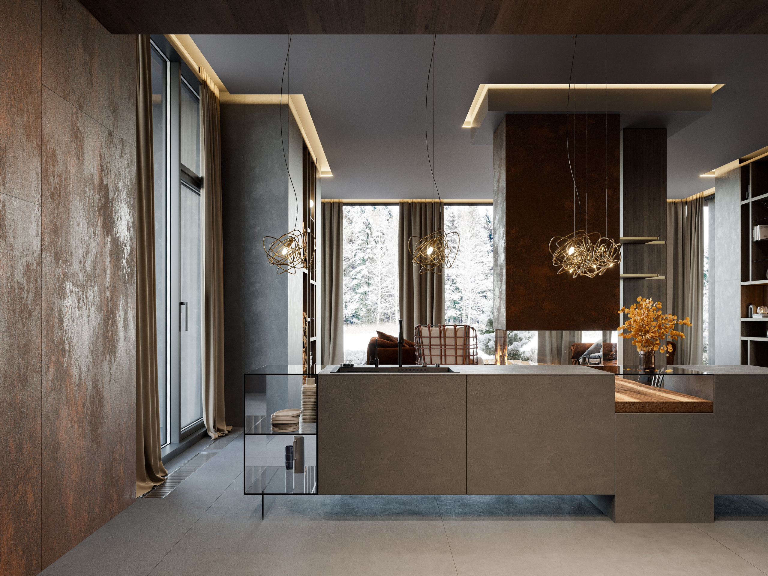 Минималистичный интерьер в темной гамме с акцентом на текстуры дерева и металла