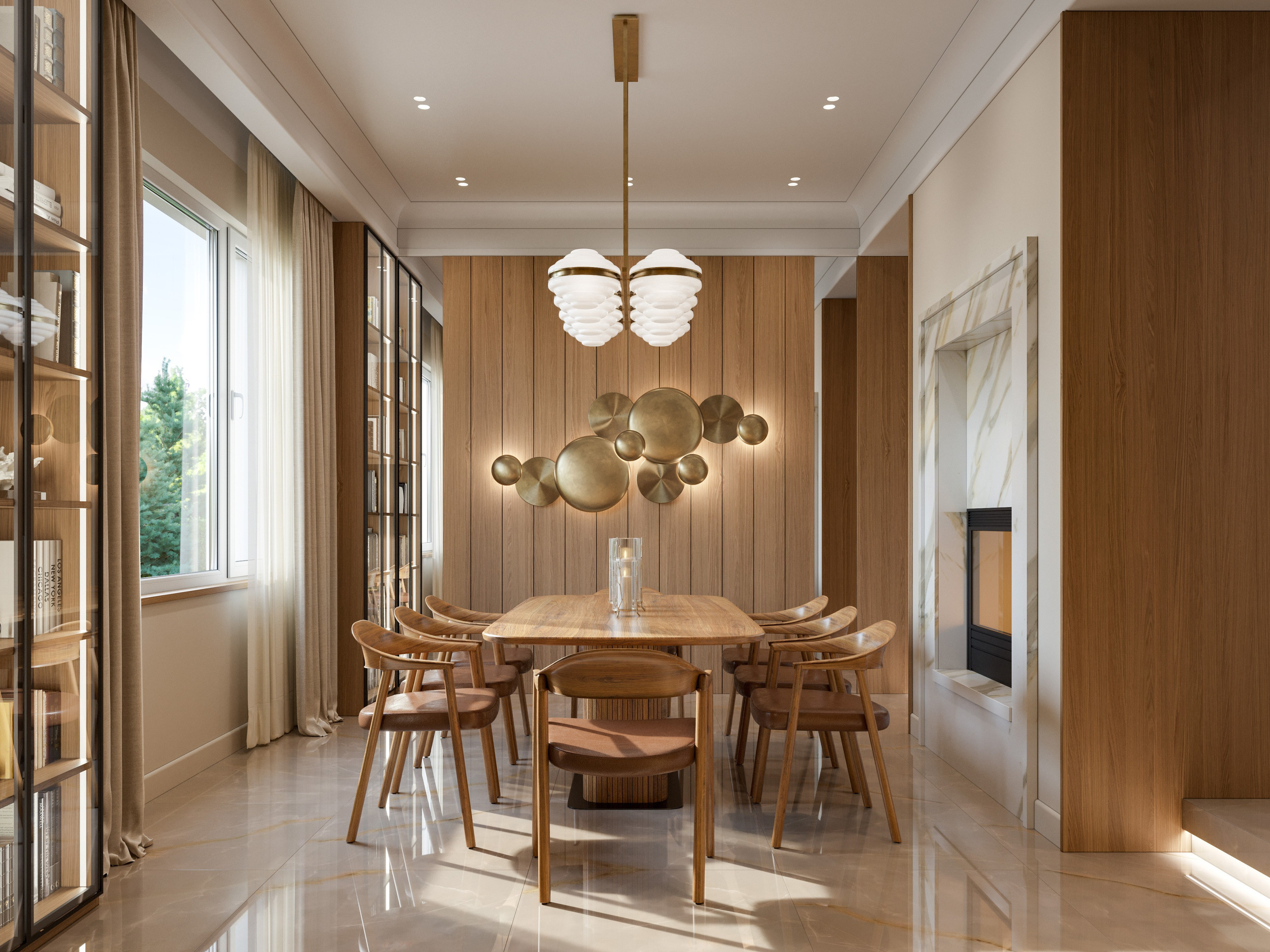 Обеденная группа в столовой с деревянным столом и камином