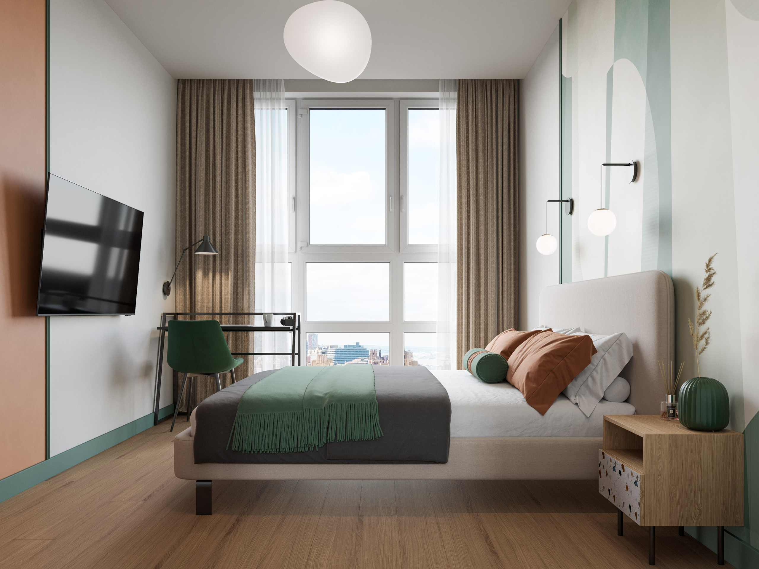 3D визуализация светлой спальни с яркими обоями и текстилем с рабочей зоной у панорамного окна в минималистичном стиле