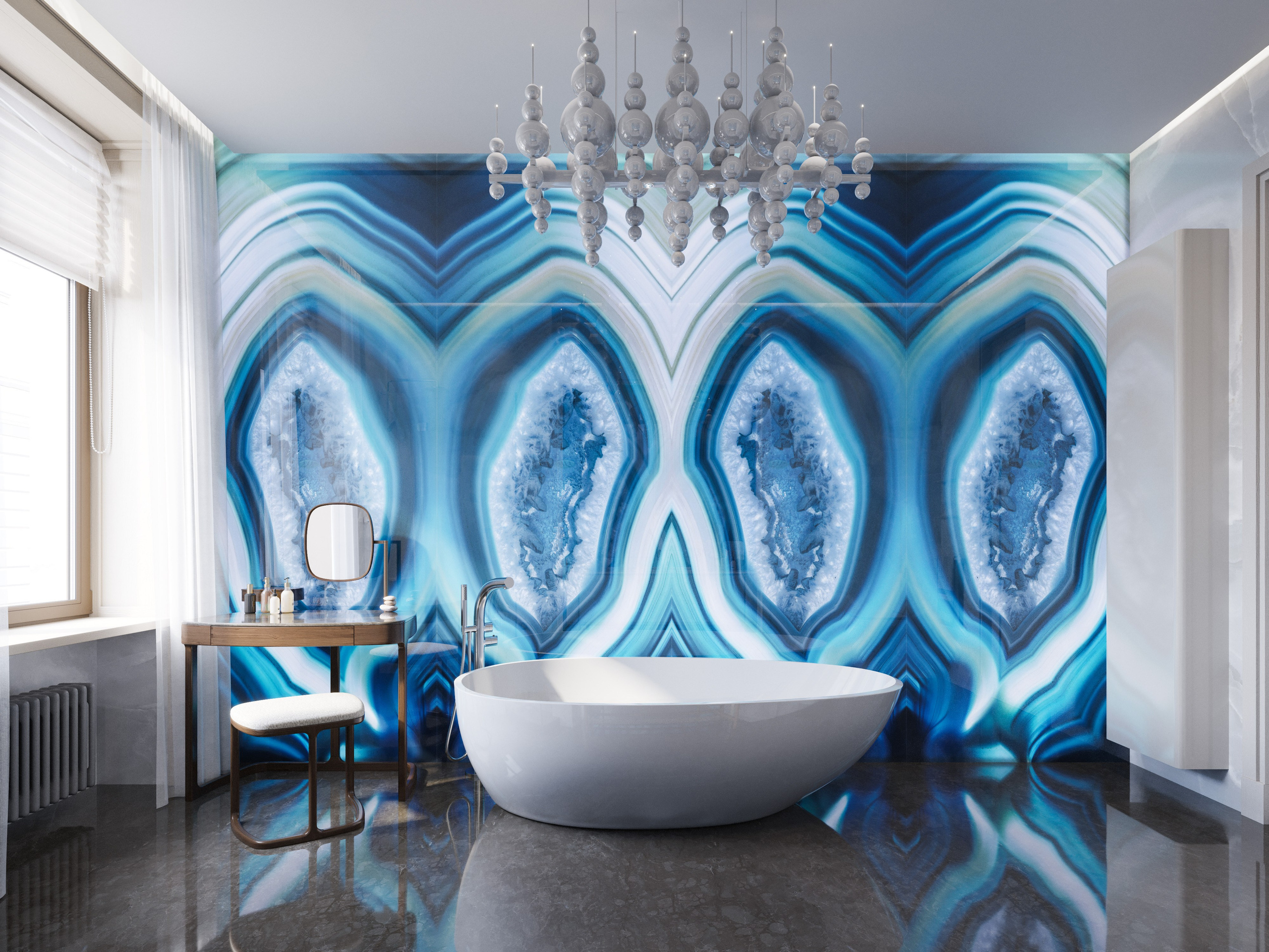 Отделка санузла в квартире: мрамор на полу и слэбы оникса с подсветкой