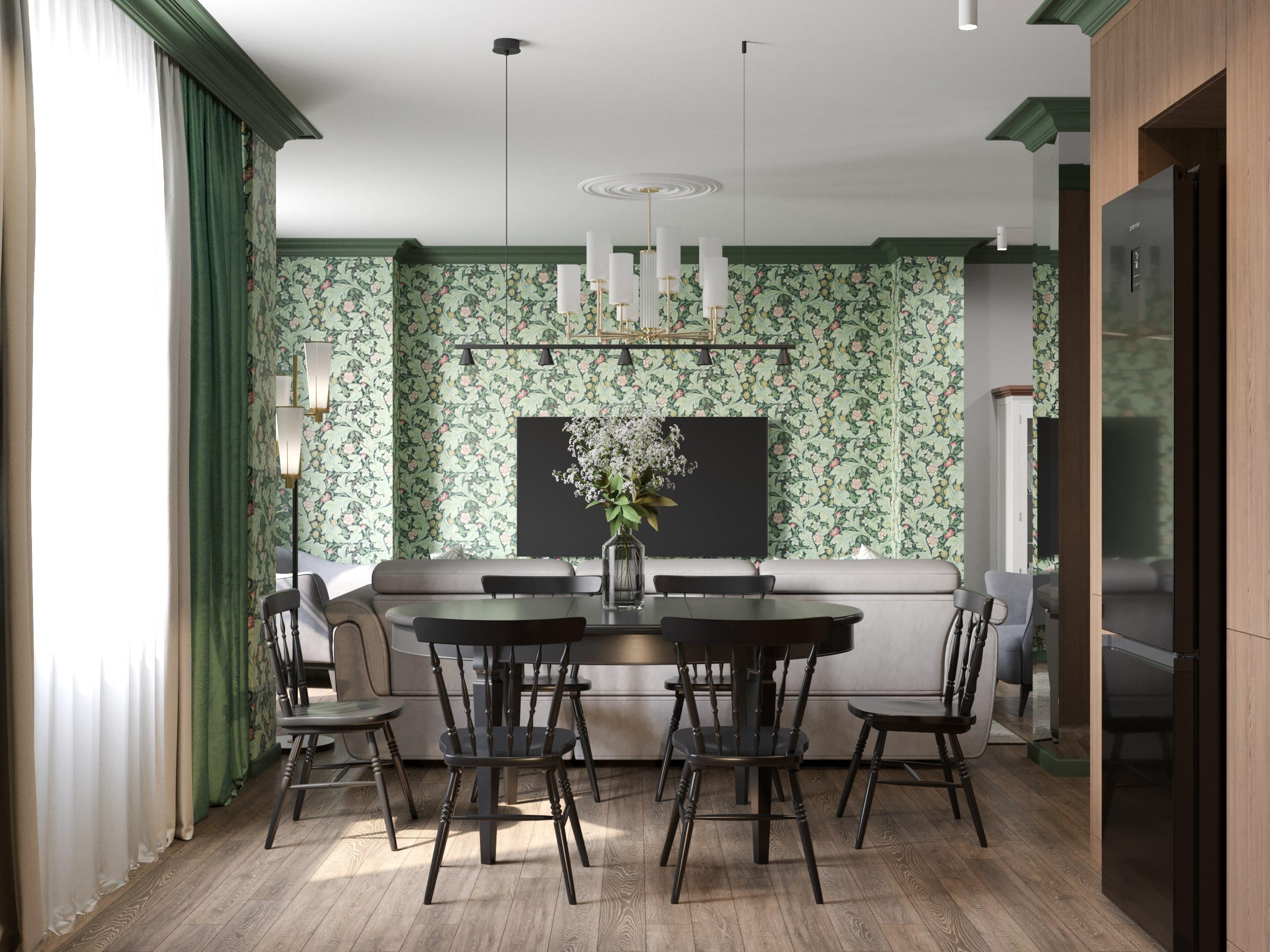 интерьер гостиной в классическом стиле с обоями , тв зона с обоями и подвесной тумбой 