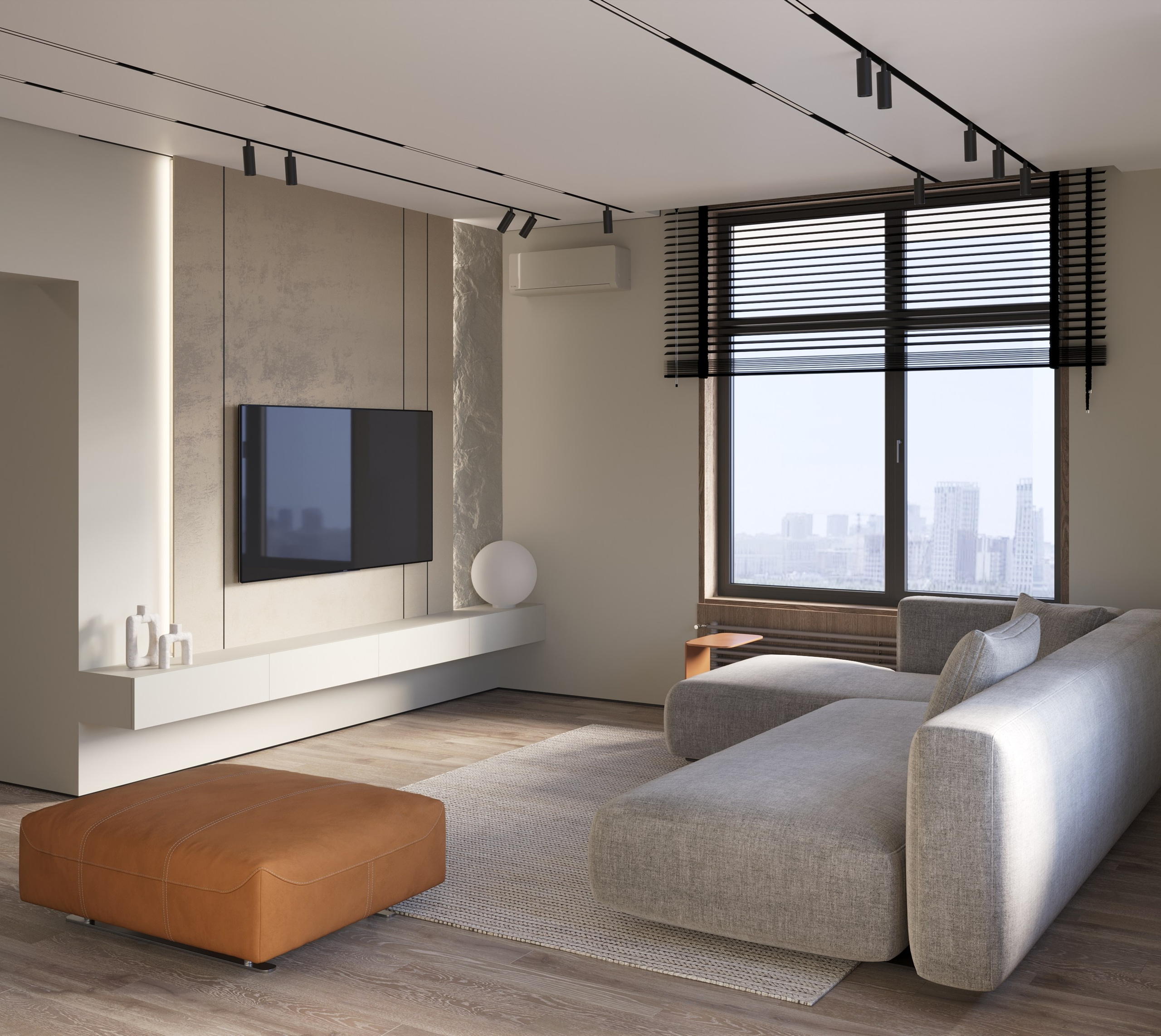 гостиная в современном стиле в теплой цветовой гамме с использованием дерева