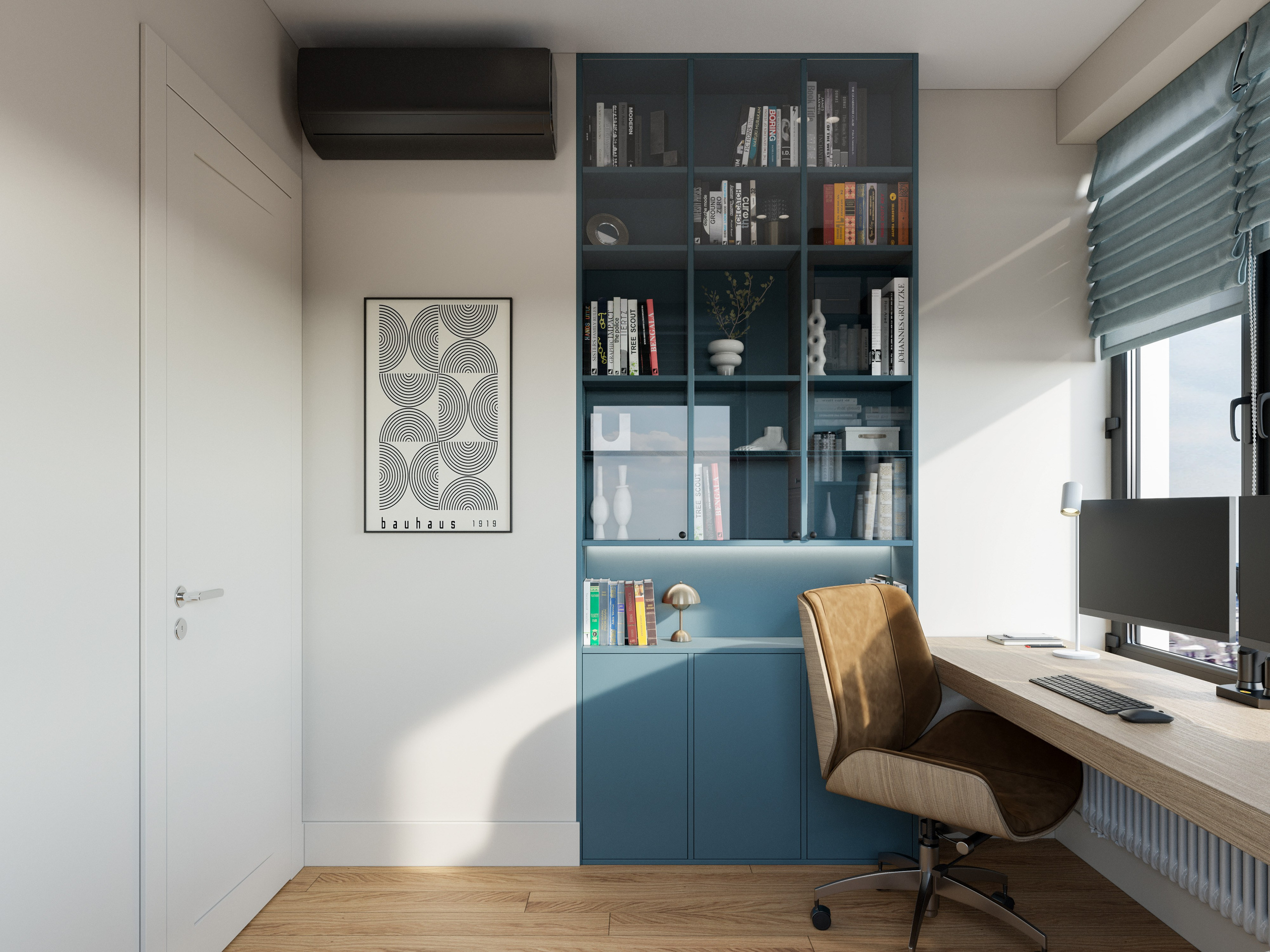 Рабочее место у окна с коричневым креслом и минималистичными полками в кабинете