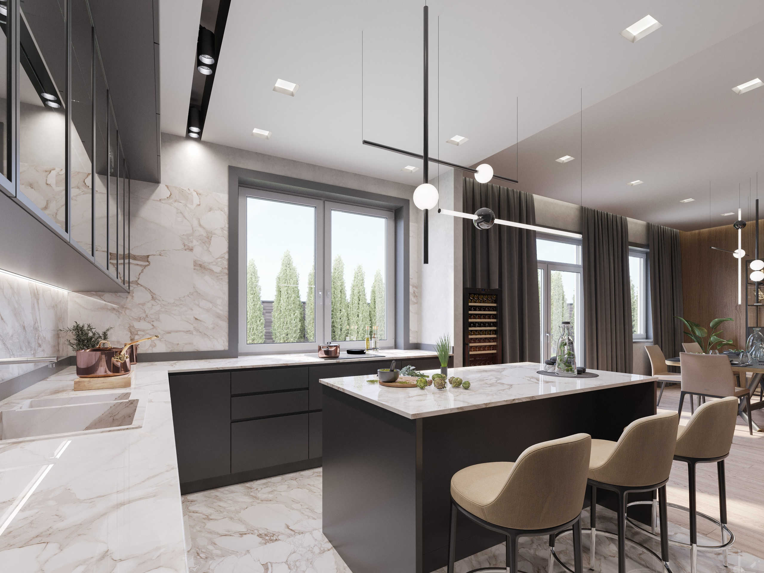 3D визуализация большой кухни-столовой в загородном доме с островом