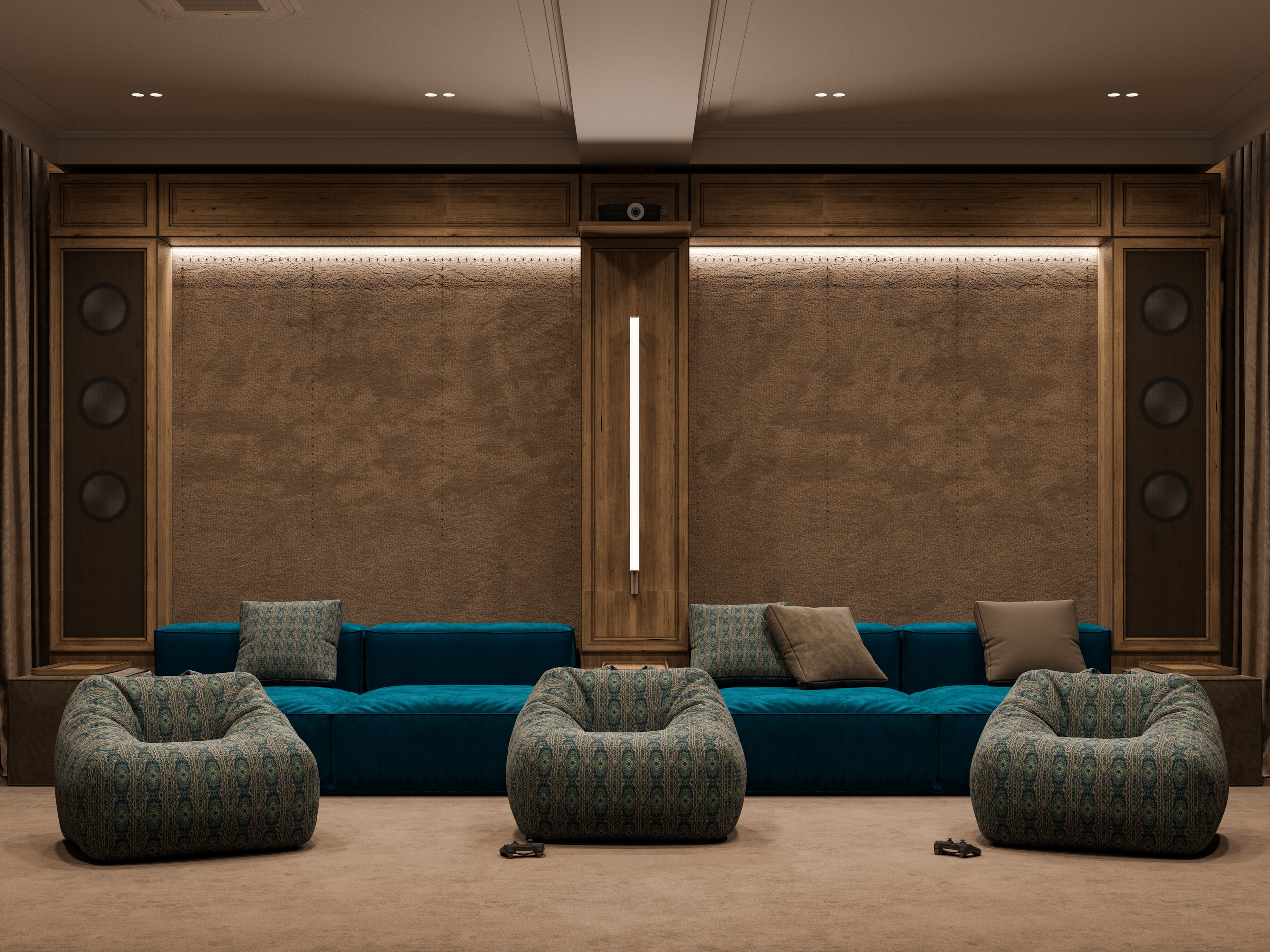 Домашний кинотеатр в срубе с затемнением и многоуровневой системой кресел - 3D рендер