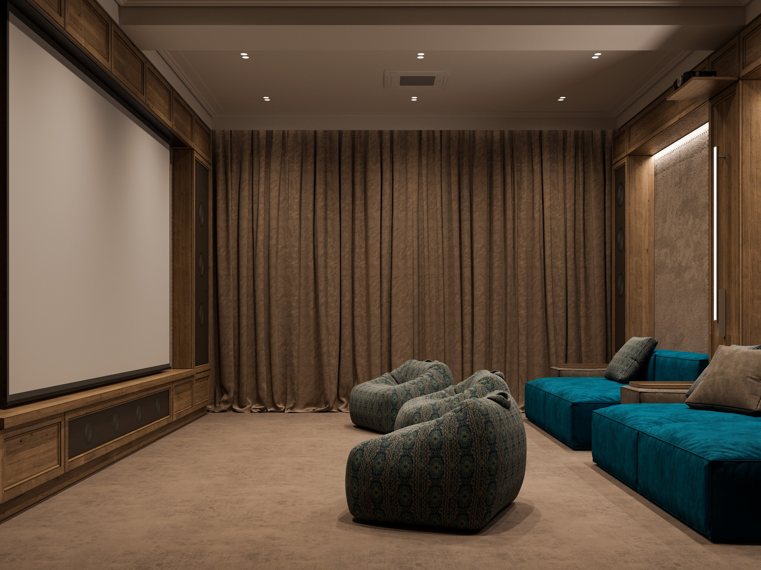 Кинозал в бревенчатом доме с акустическими панелями на деревянных стенах и экраном