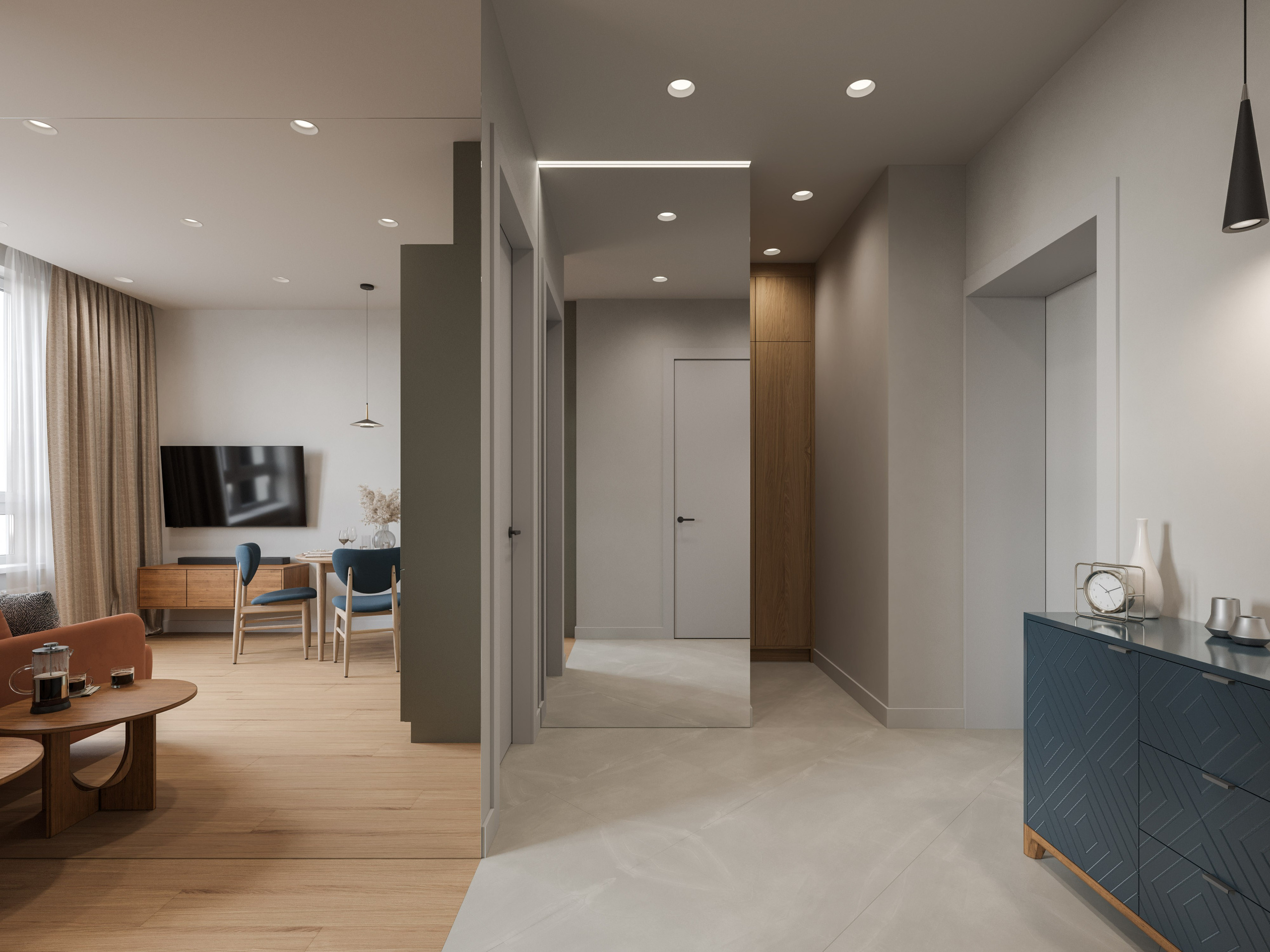 3D визуализация светлой прихожей с синей тумбой и минималистичным зеркалом в пол с подсветкой