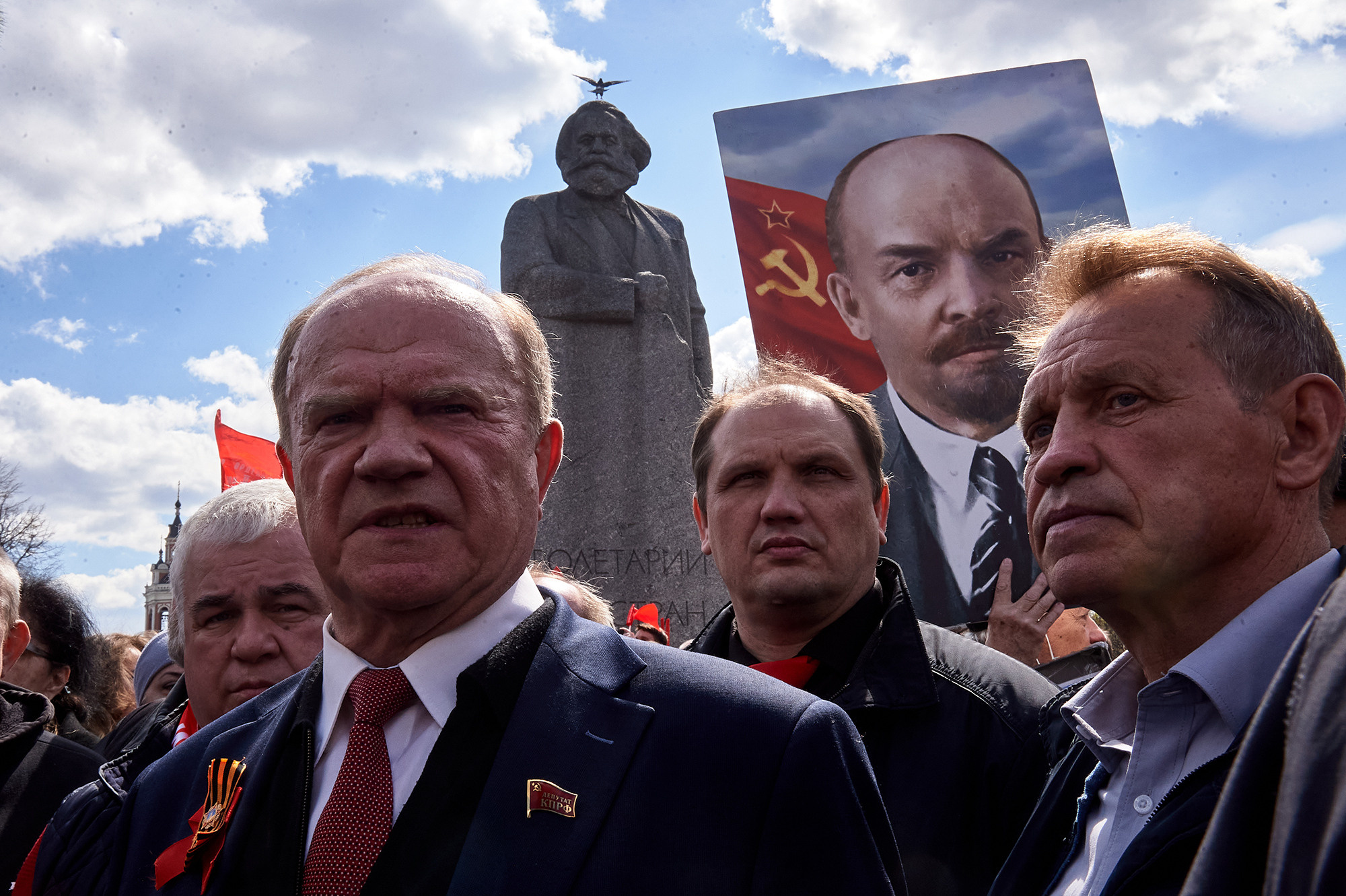 Communist Party leader Gennady Zyuganov with party members at the May Day rally. Moscow, May 1, 2022.