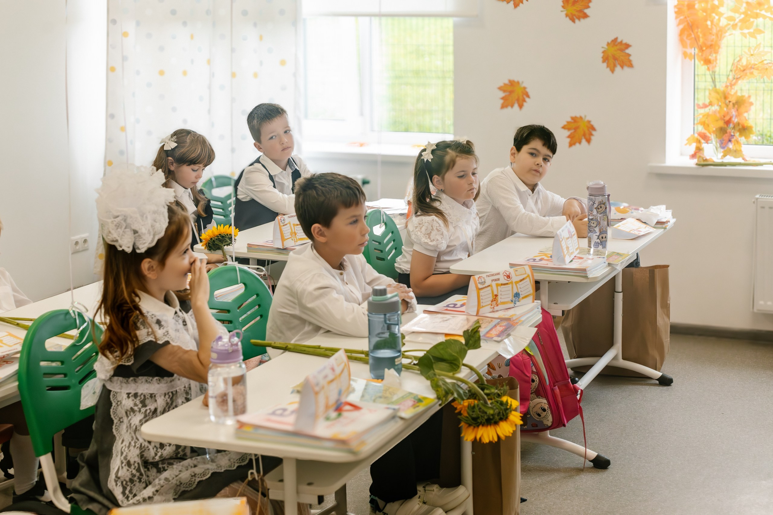 Дети сидят за партами в классе, первый урок в День знаний