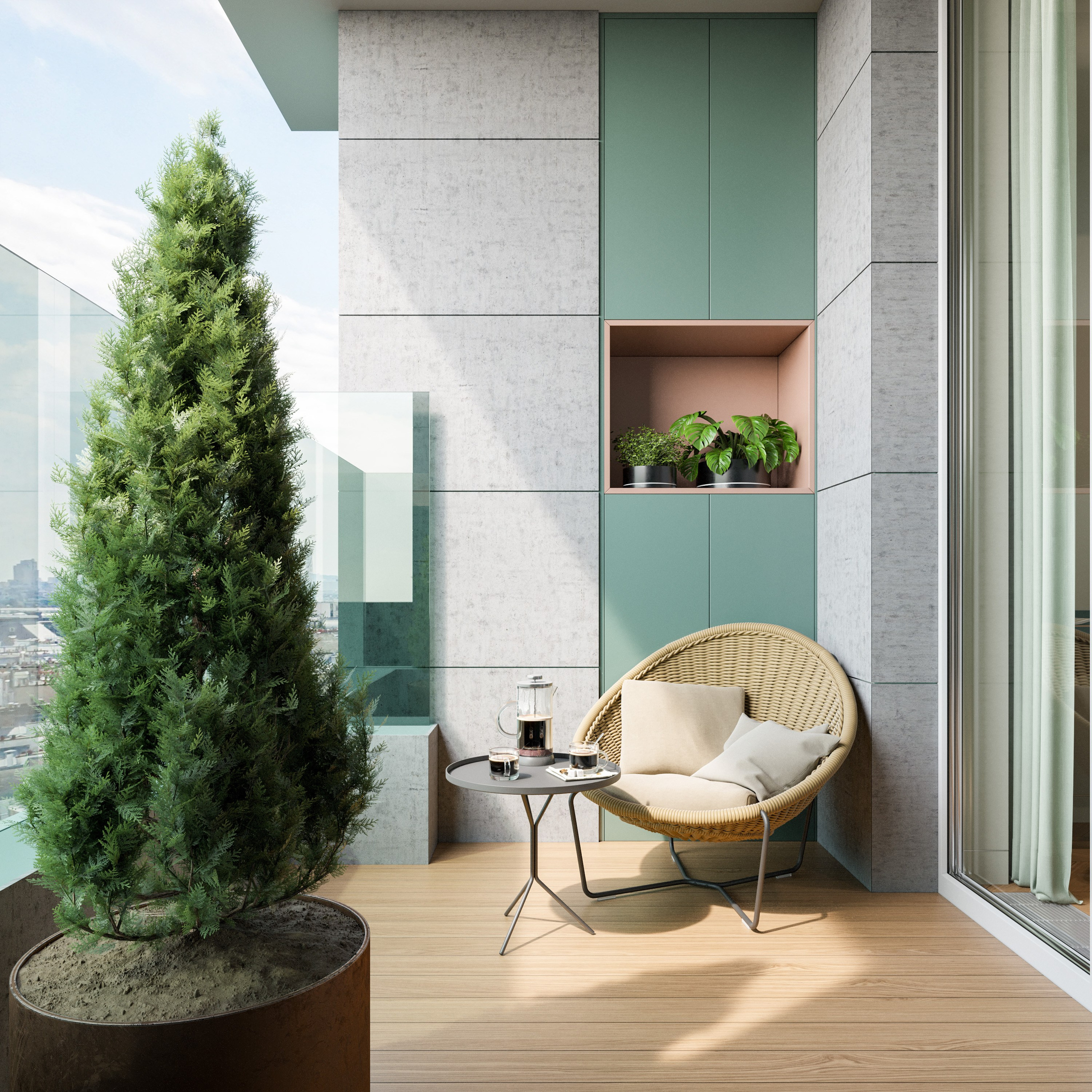 Уютный балкон с пихтой и креслом