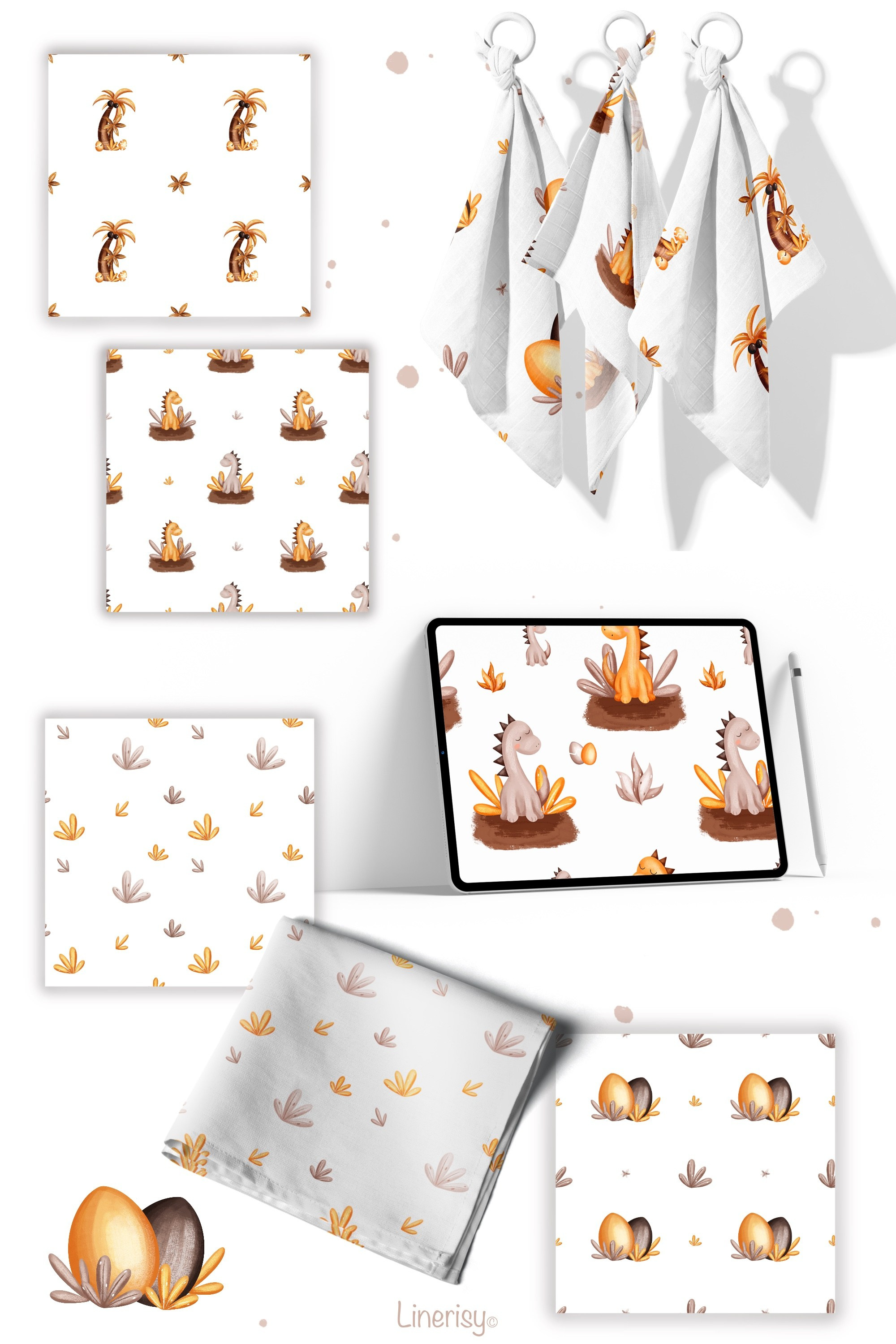 Коллекция «Милые динозавры» — графические иллюстрации, композиции, постеры и бесшовные паттерны. Художник-иллюстратор Евгения Бекренёва