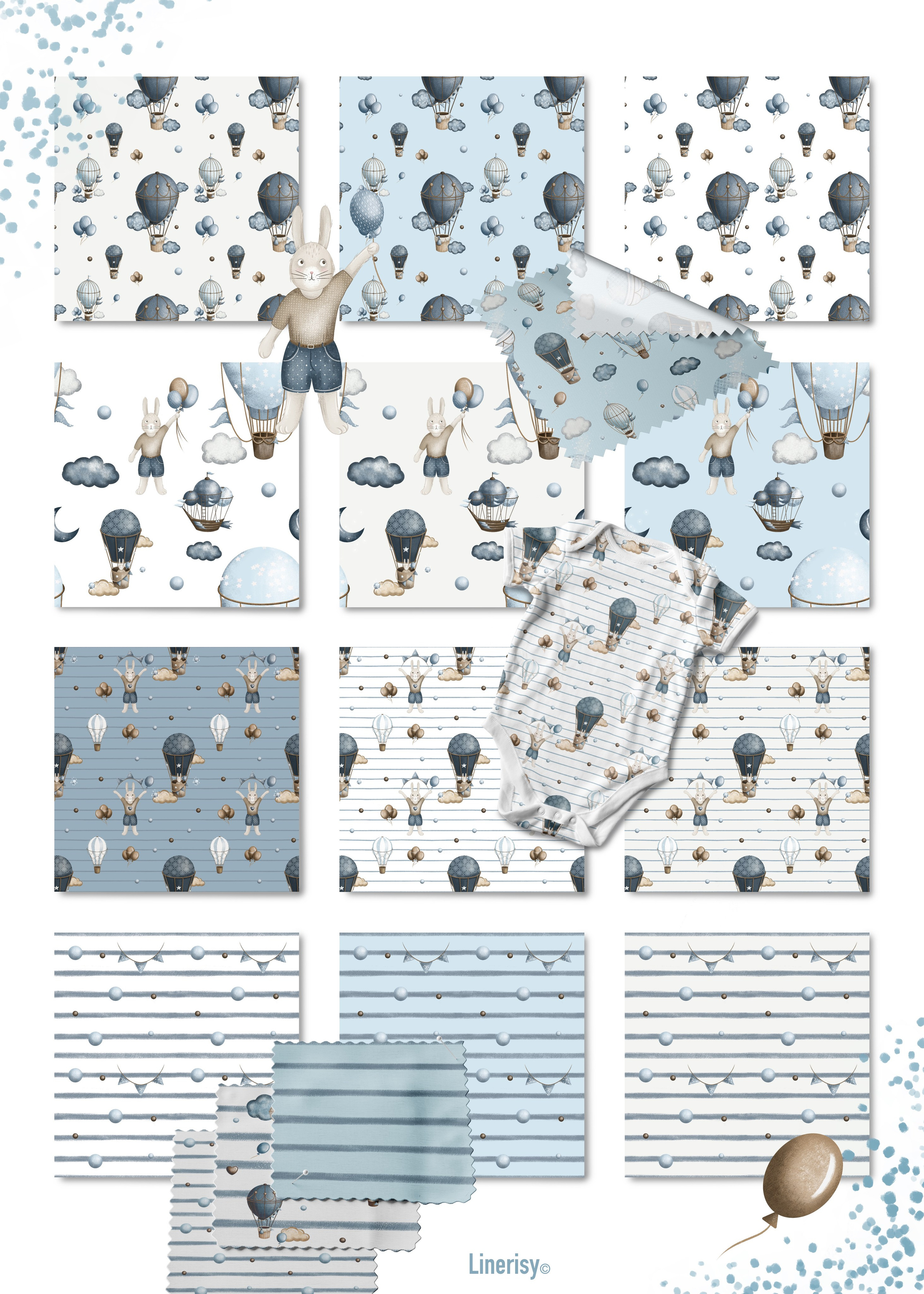 Коллекция «Зайка на воздушном шаре» — графические иллюстрации, композиции и бесшовные паттерны. Художник-иллюстратор Евгения Бекренёва