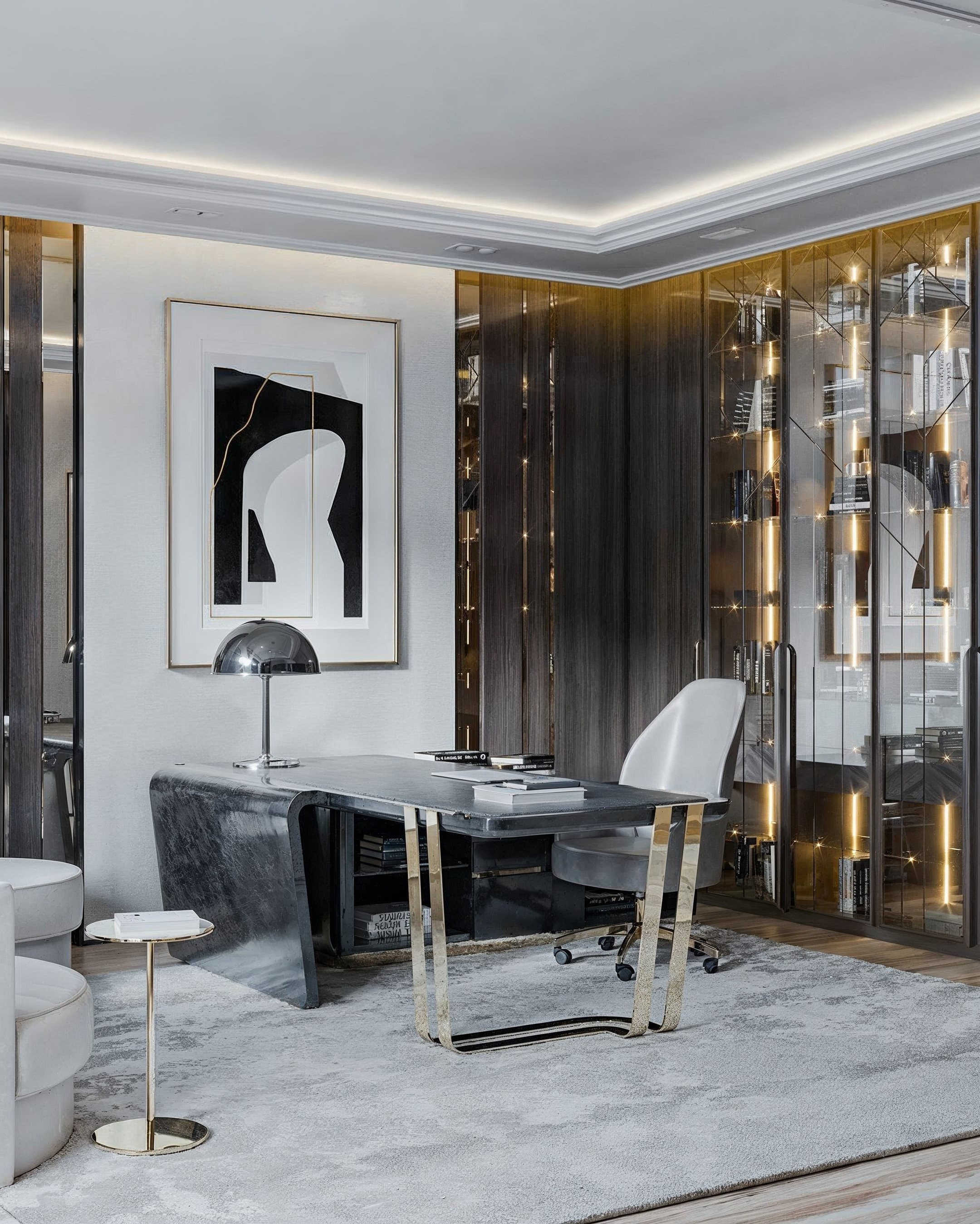 Кабинет в современном стиле с дизайнерским столом и подсветкой стеллажа — проект Валерии Котович