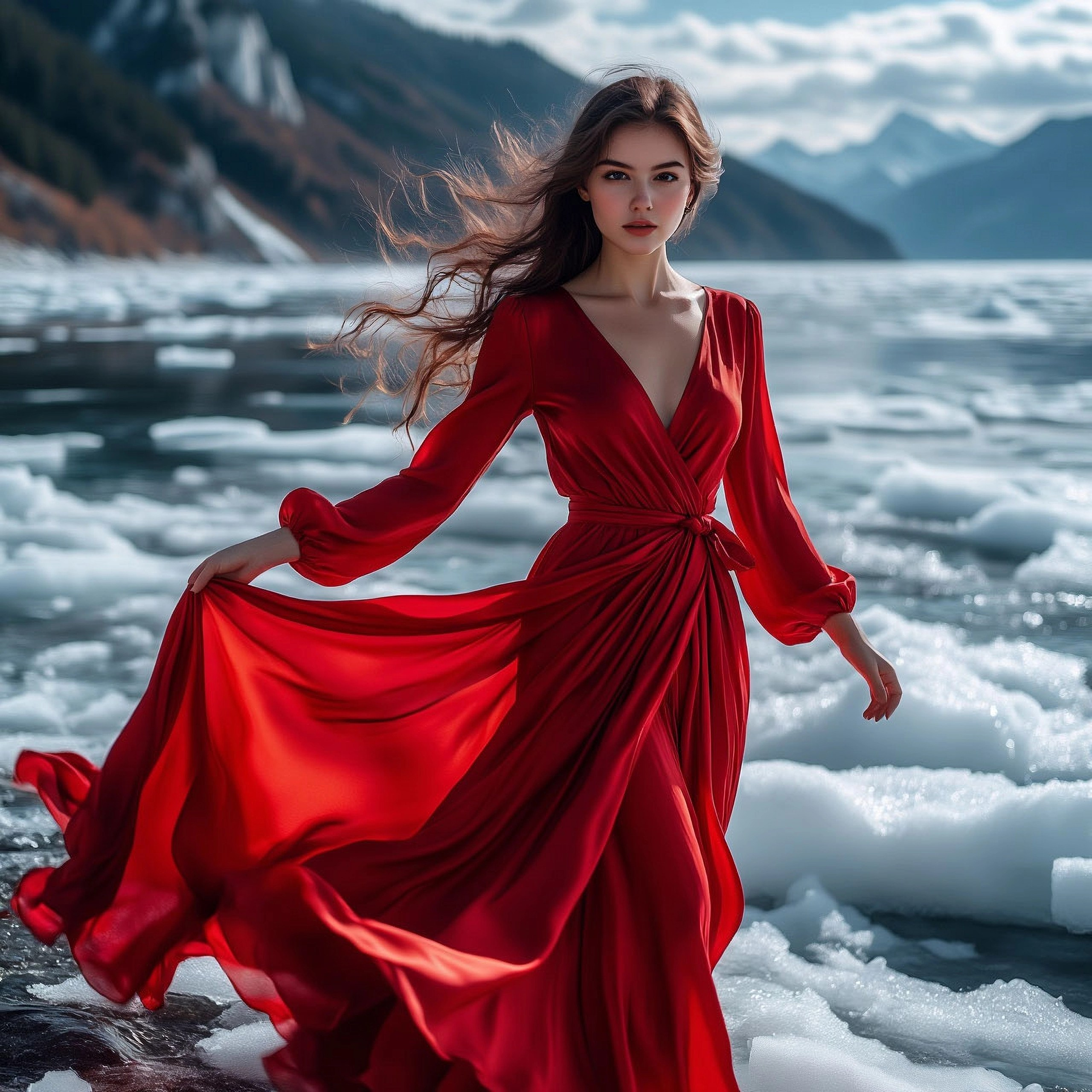 Фотосессия на Байкале в красном летящем платье со шлейфом