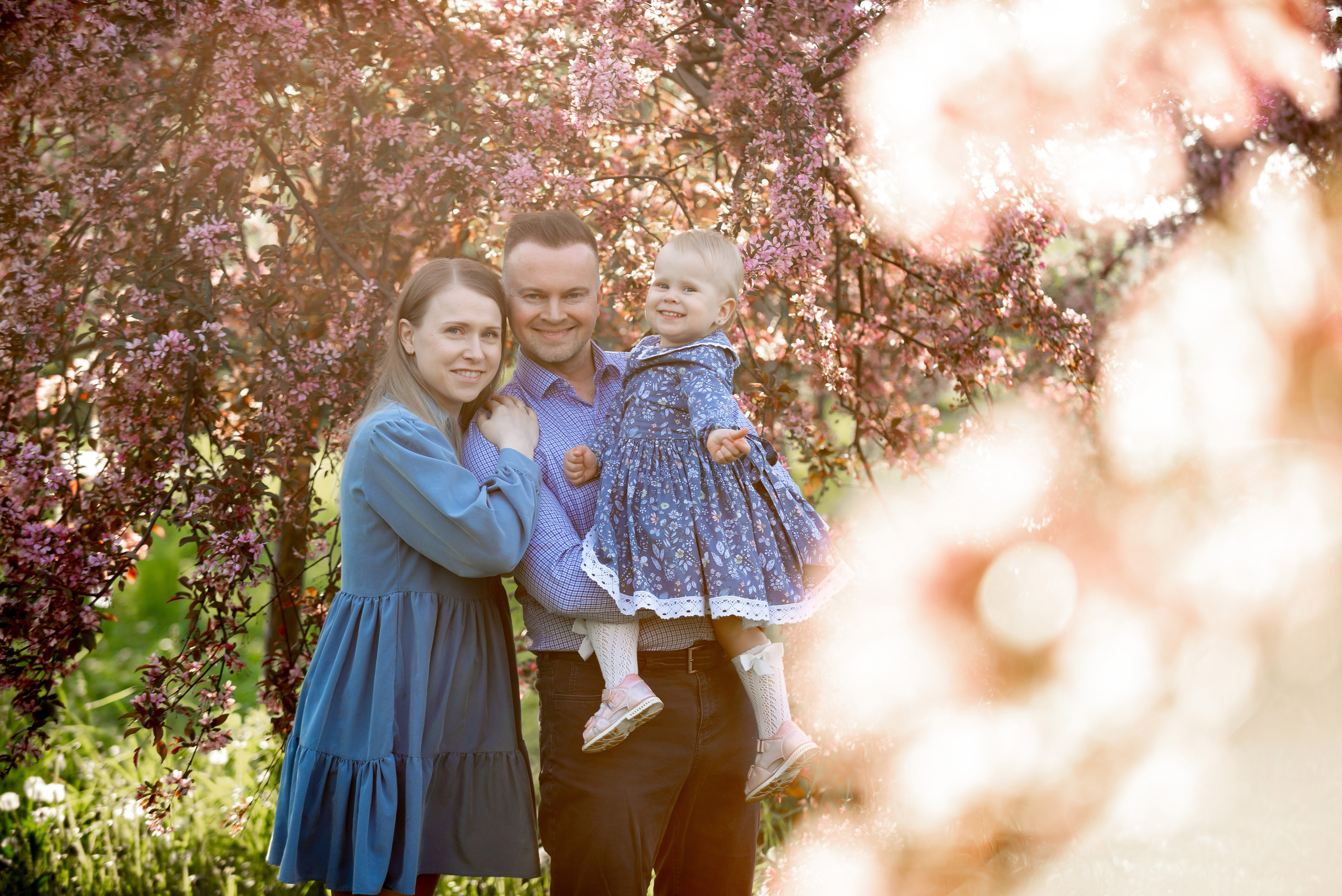 Ника и родители в розовых яблонях. Портретный, семейный и свадебный фотограф в Санкт-Петербурге и в Пушкине Ширяев Денис