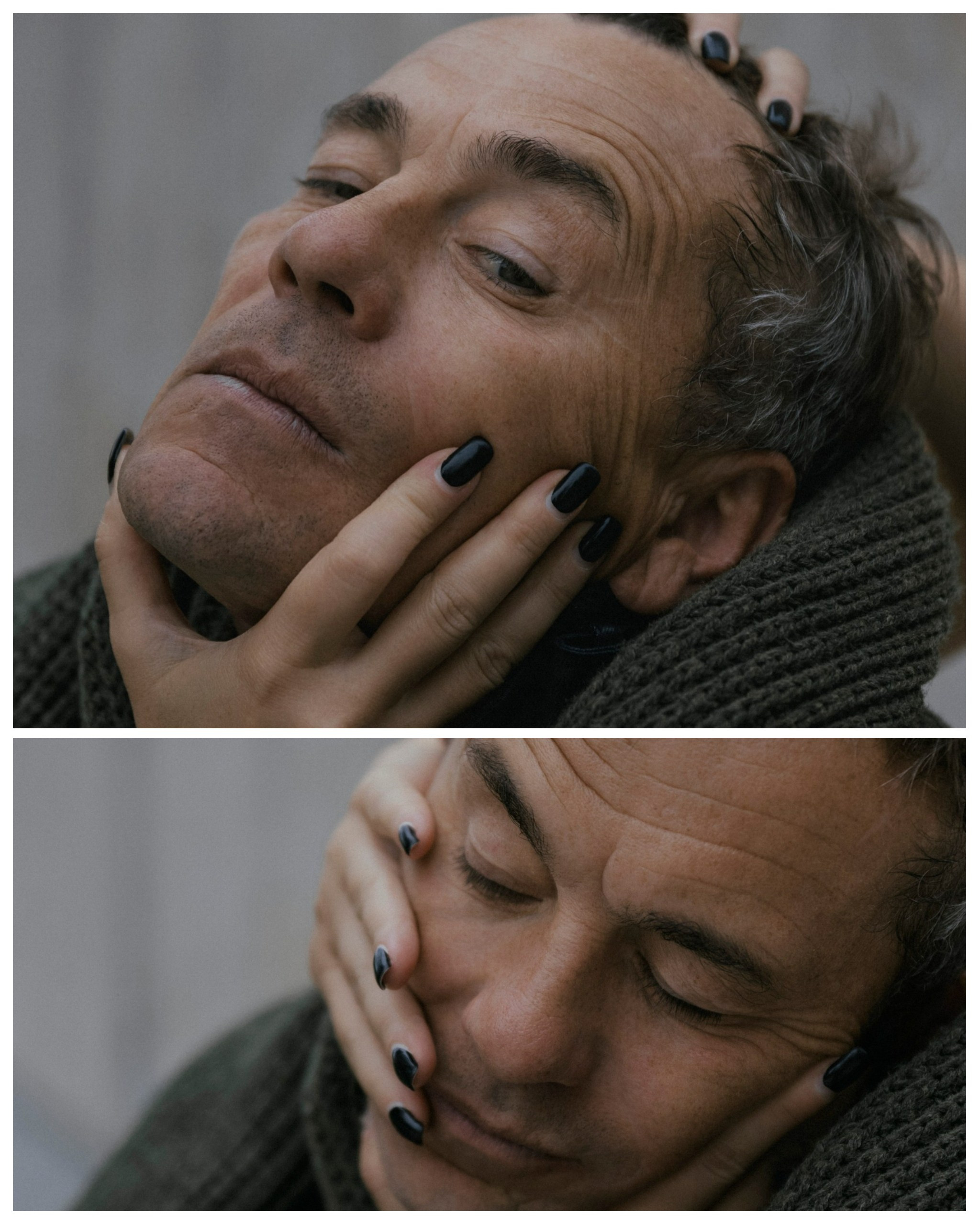 женщина трогает мужчину за лицо