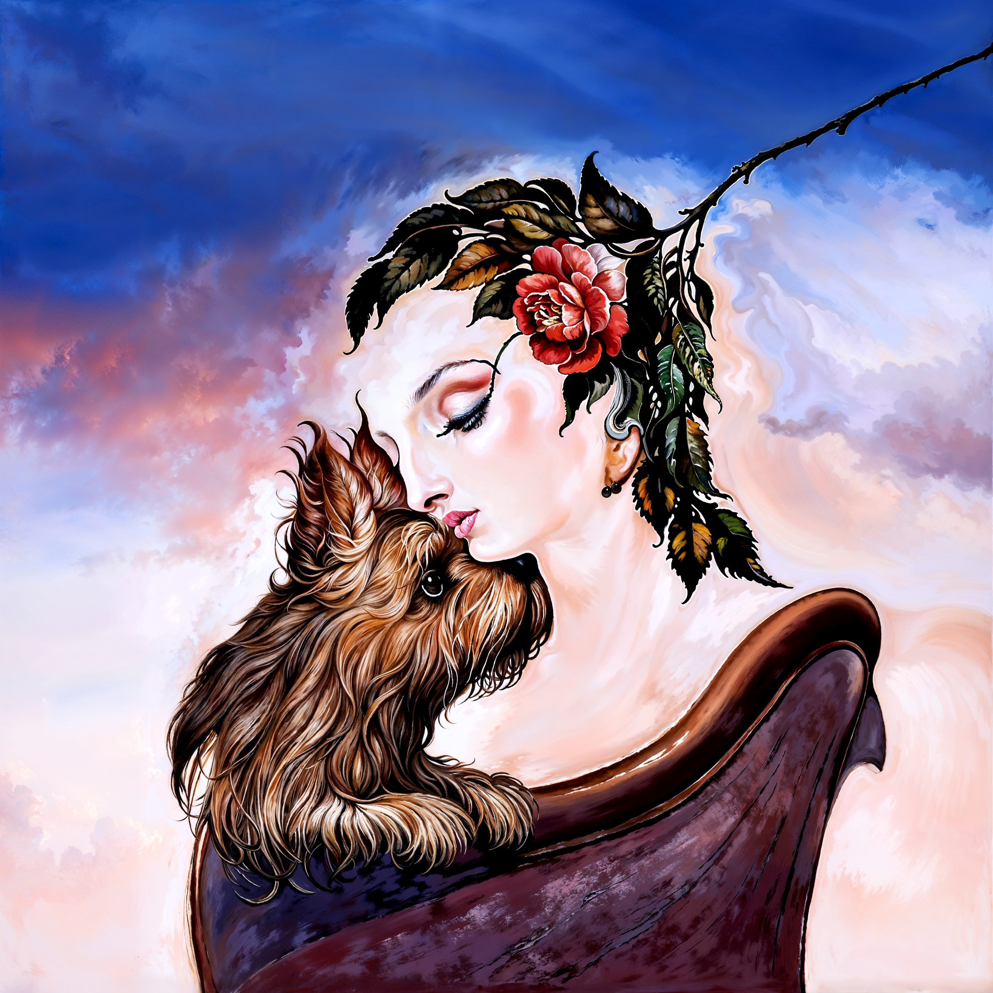 Оптическая иллюзия: девушка с терьером и розой, вдохновлённая стилем Octavio Ocampo