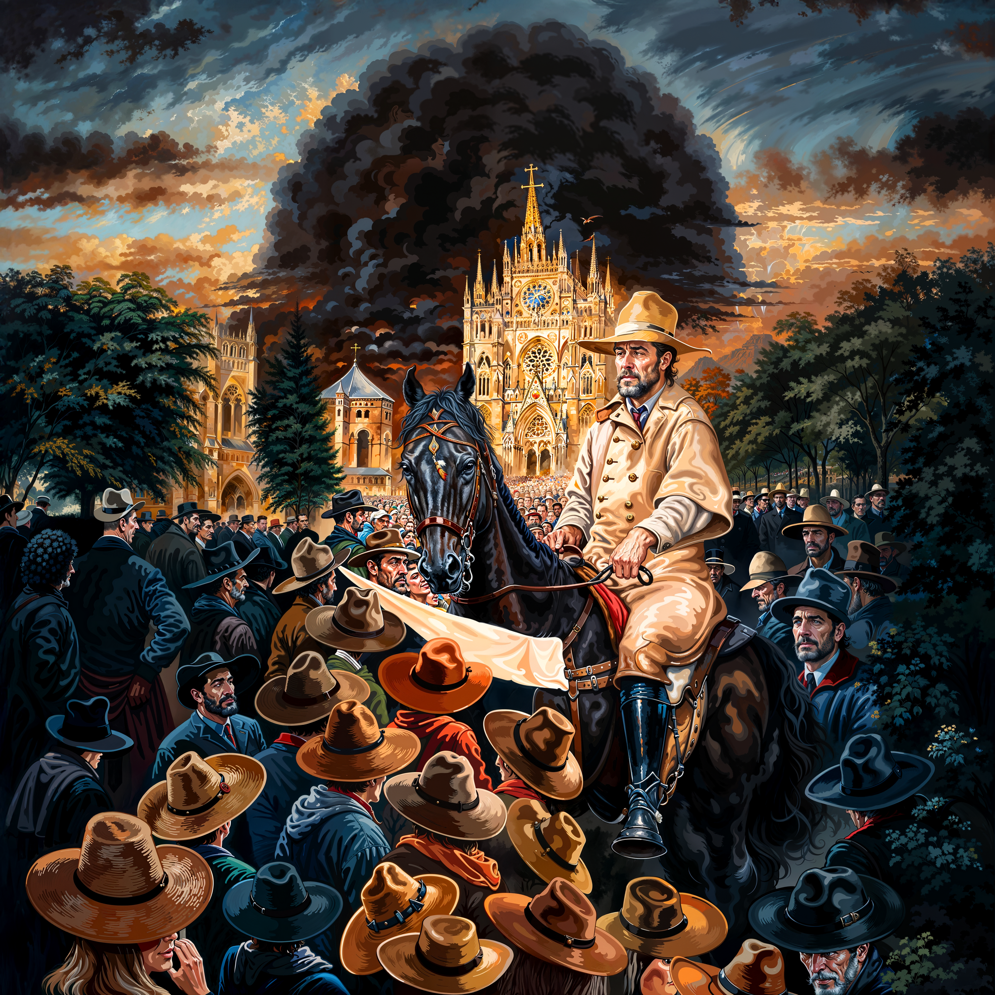 Сюрреалистическая картина, изображающая полководца верхом на коне, состоящего из головных уборов и лиц, на фоне светящегося собора и темных облаков. Стиль оптической иллюзии, вдохновленный Октавио Окампо.