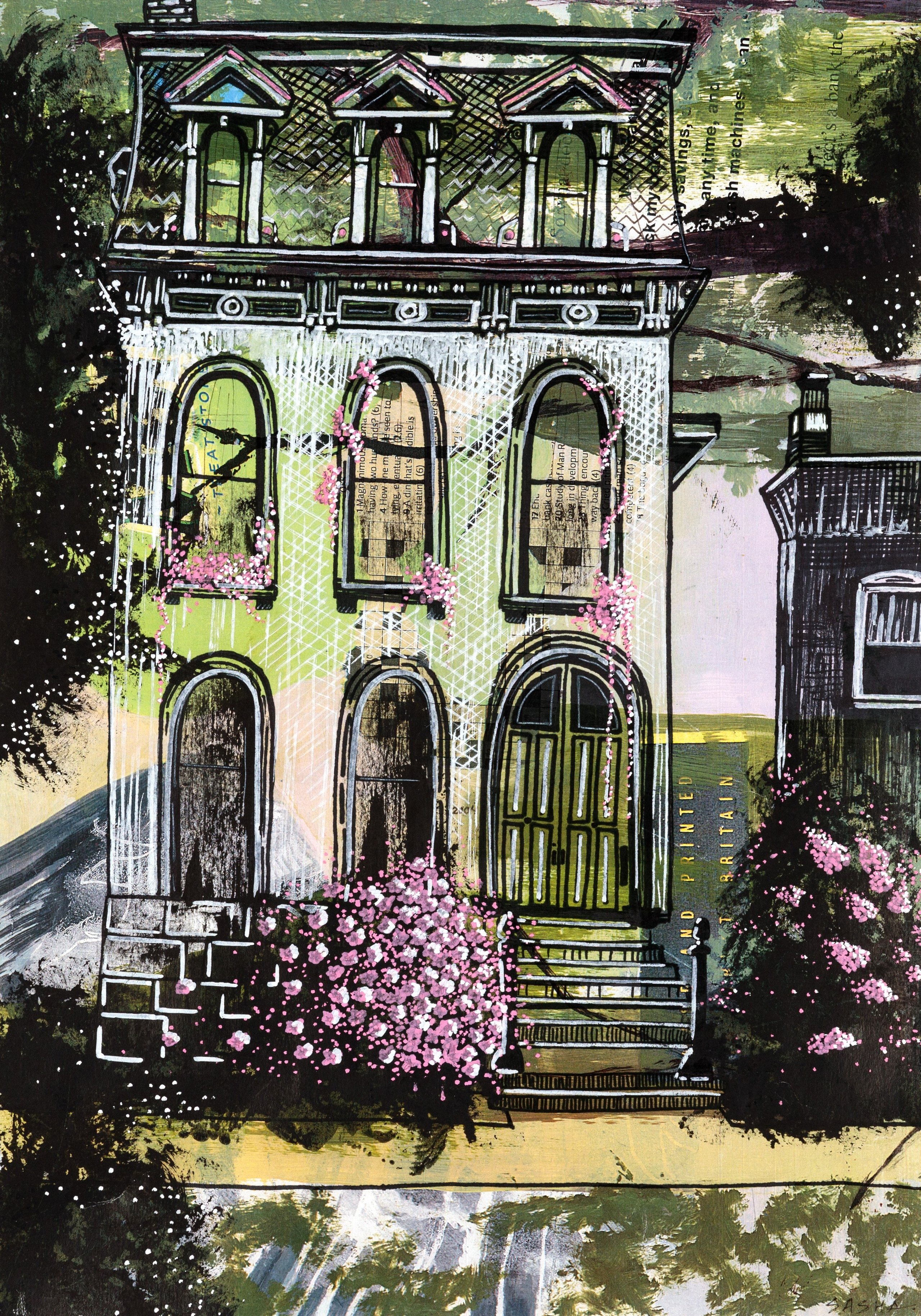 Красивый двухэтажный дом с цветами розовыми гортензиями