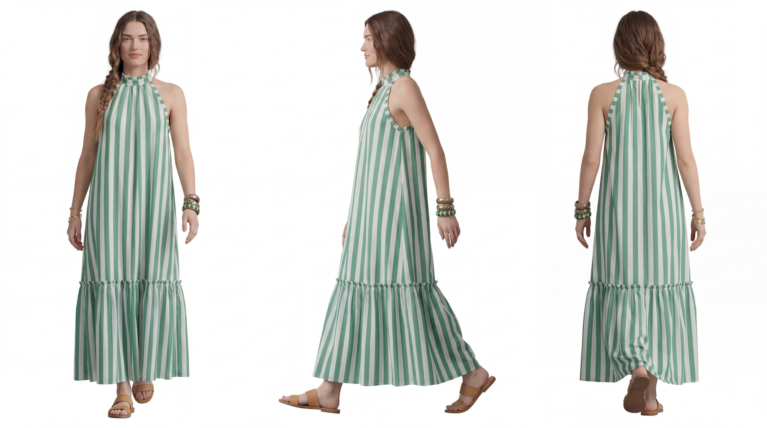 ИИ-модели для бренда: три цифровых персонажа в одинаковых мятных платьях, создание консистентного образа для рекламы