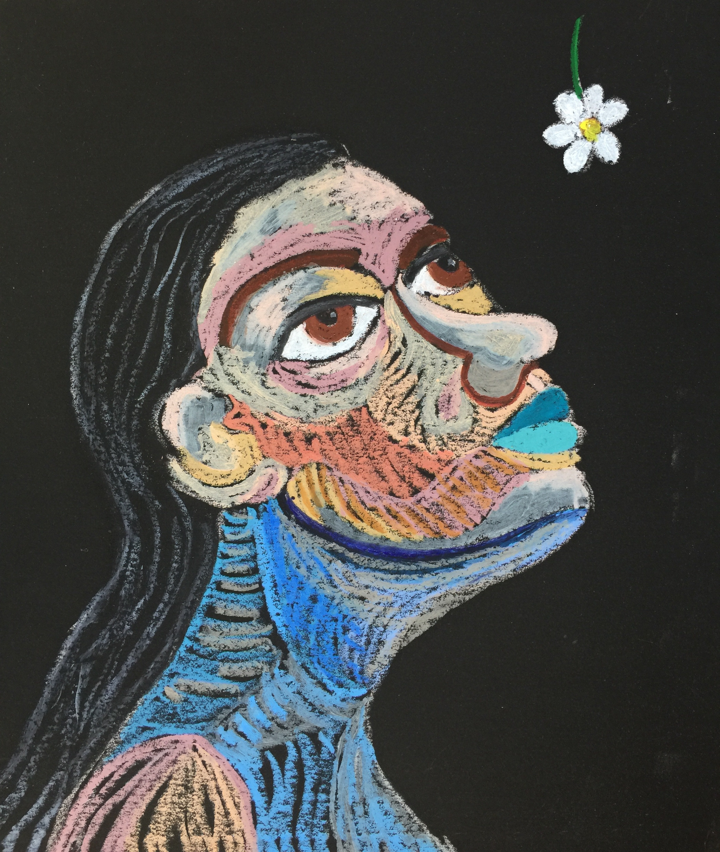 Название: Автопортрет 2020г.    Материал: масляная пастель, бумага   Размер: 25 х 27 см