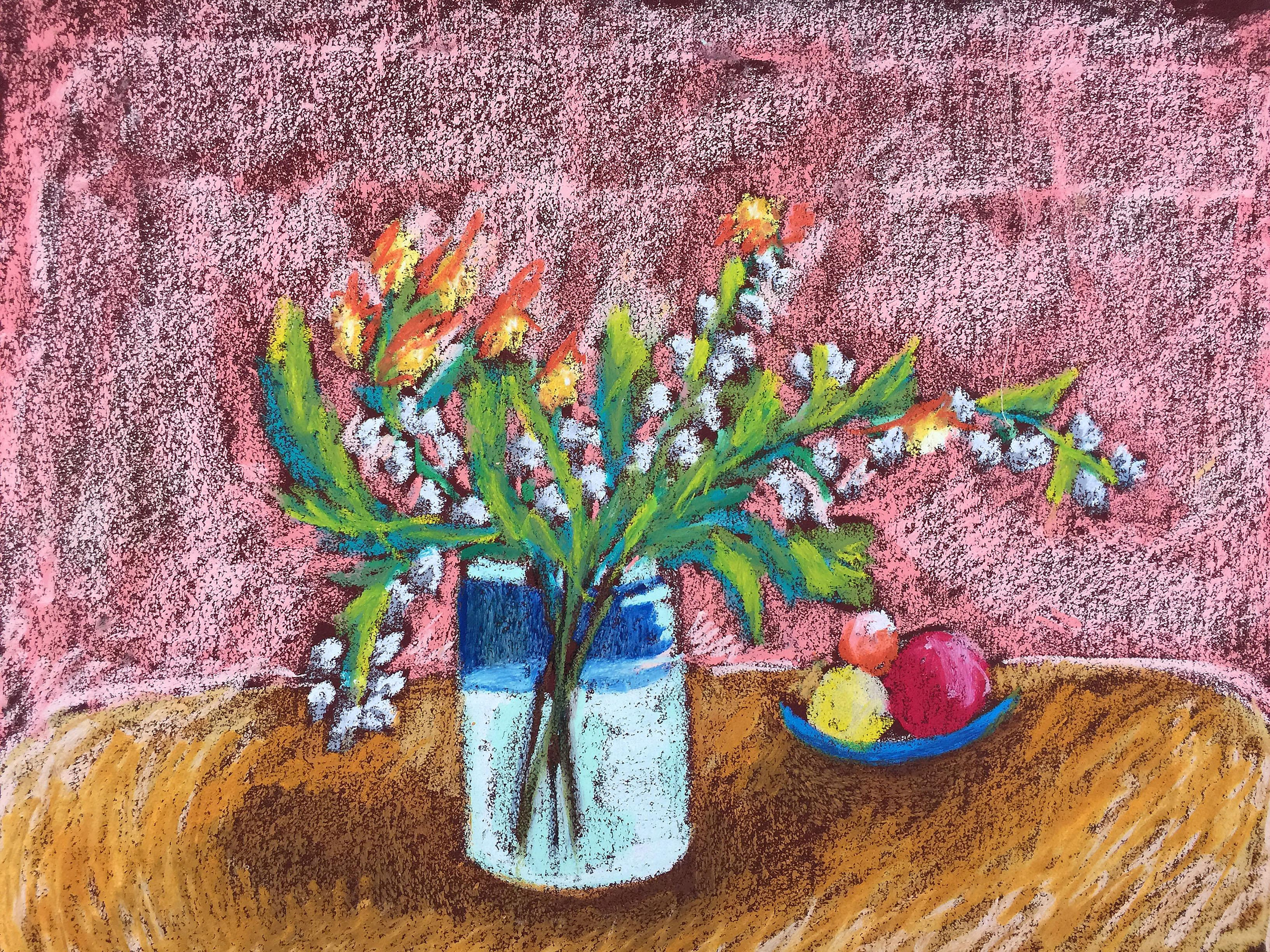 Title: Flowers in a Jar Medium: Oil pastel on paper Size: 50 x 35 cm Year: 2019