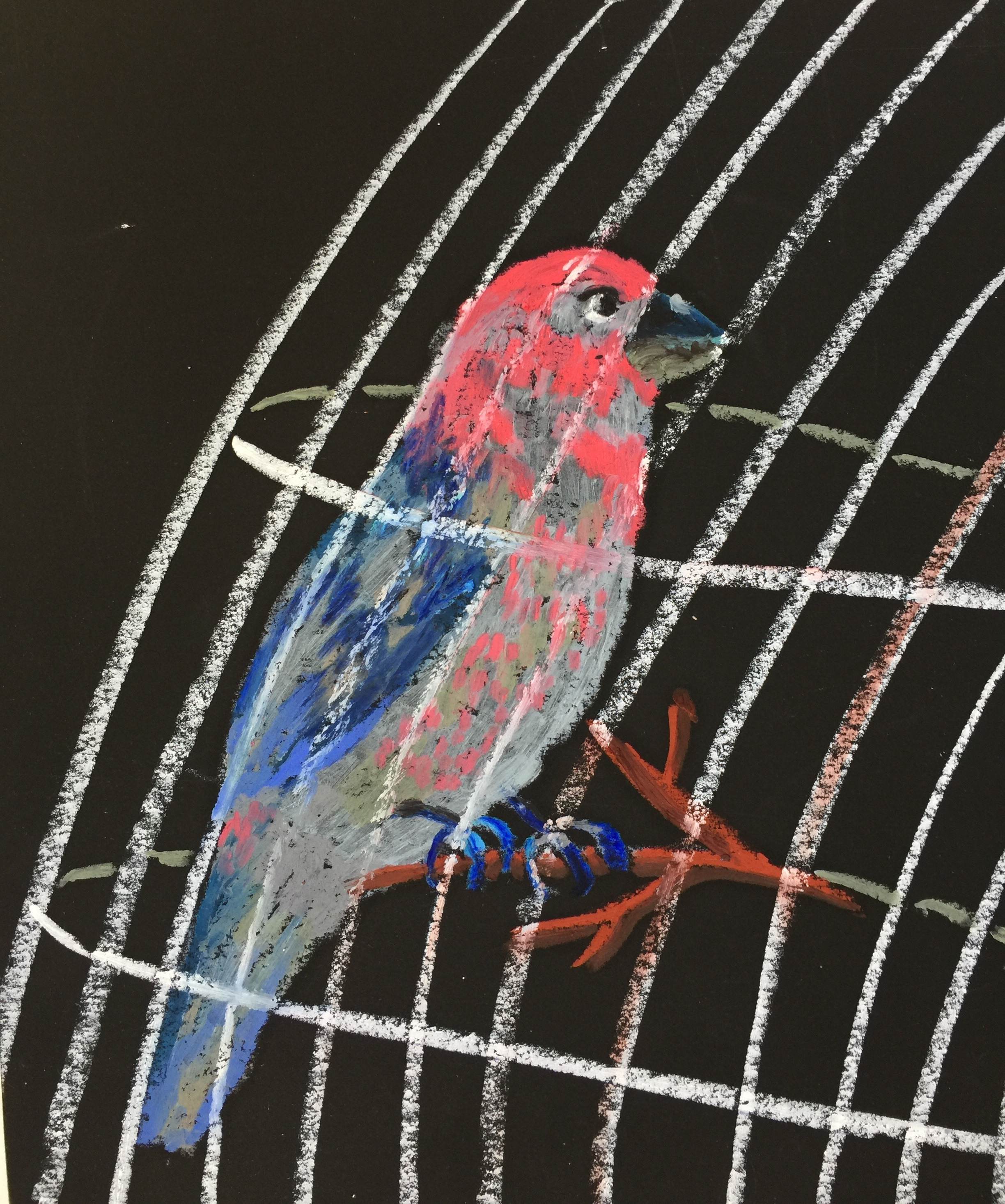 Название: В клетке 2020г.    Материал: масляная пастель, бумага   Размер: 20 х 24 см