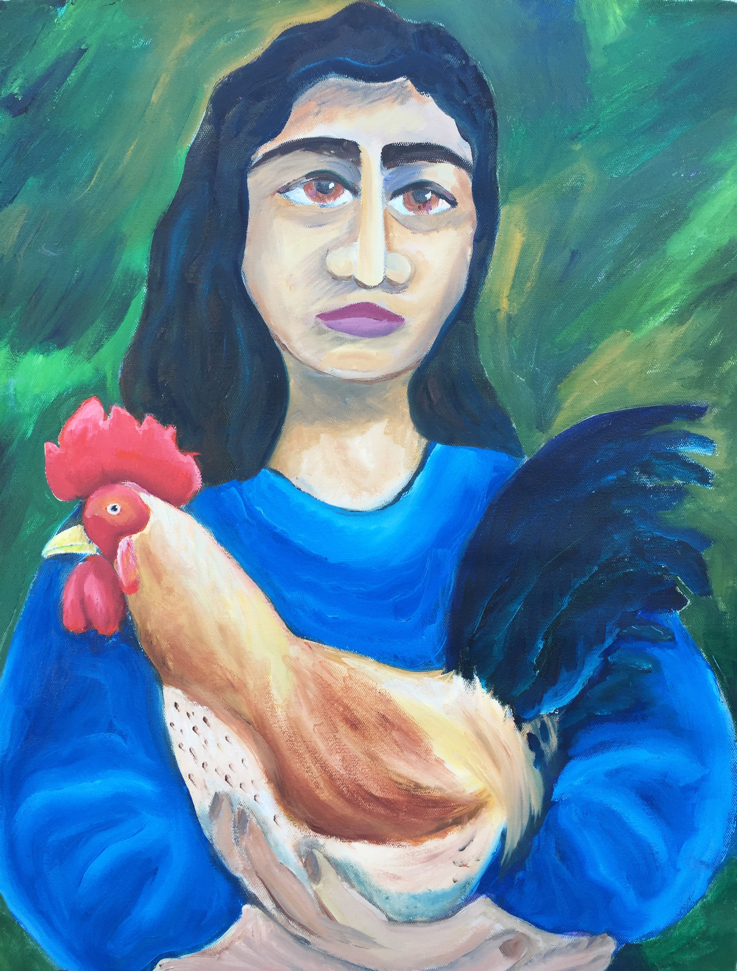 Title: Girl and Rooster Material: Oil on canvas Size: 80 x 60 cm Year: 2019