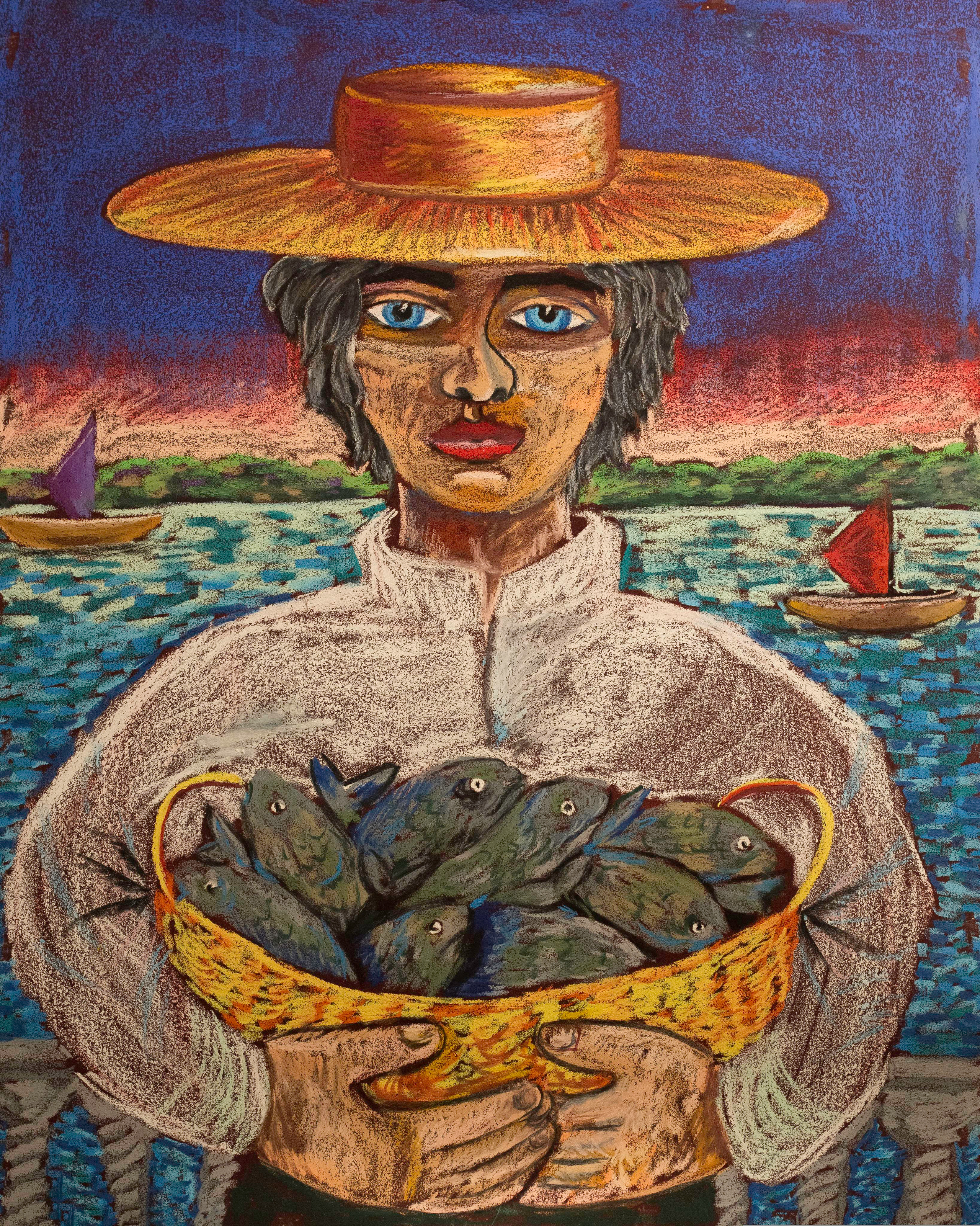 Title: The Fisherman Medium: Oil pastel on paper Size: 75 x 60 cm Year: 2019