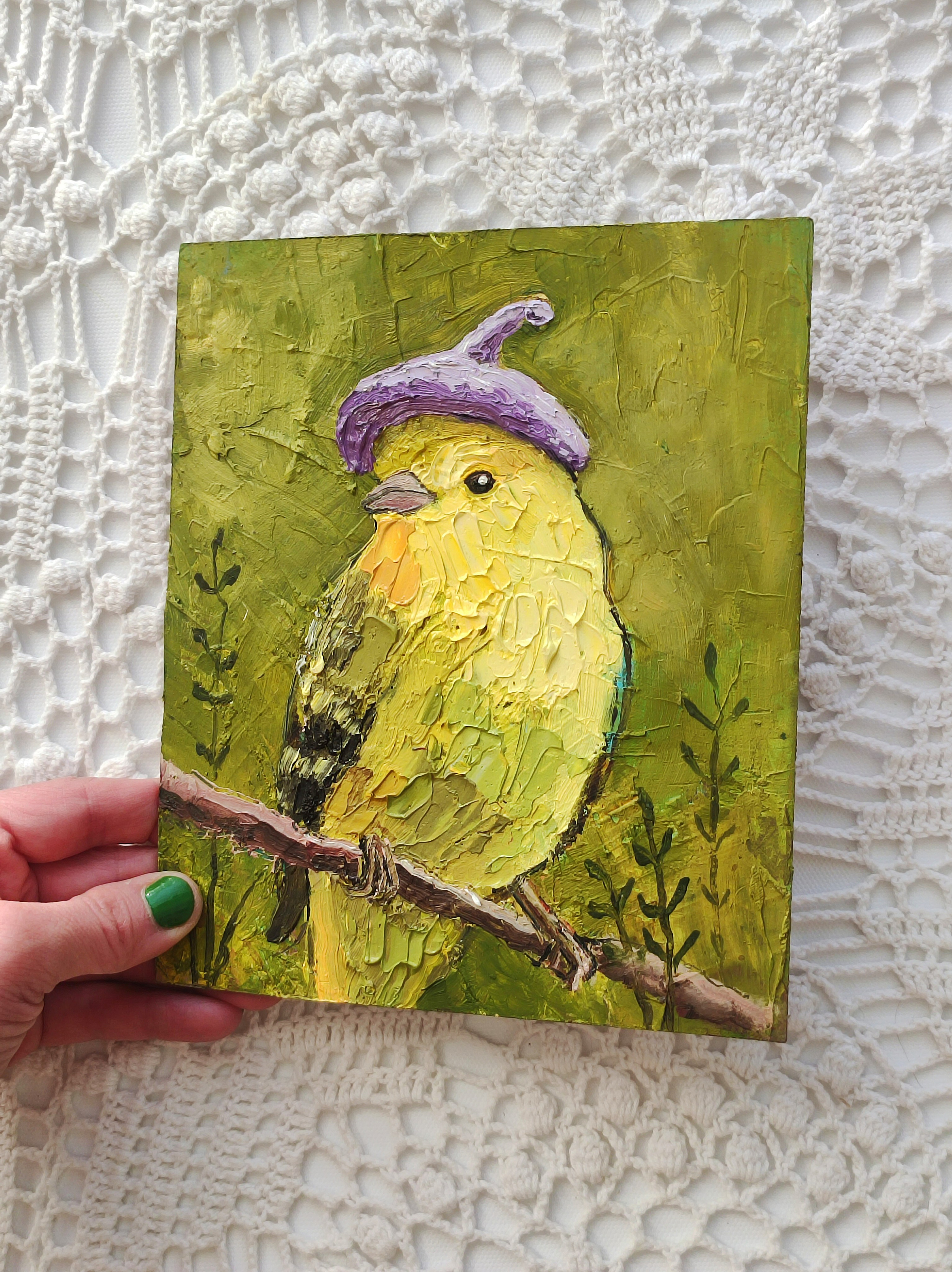 «Пташка-милашка». Масло, картон, 15×18 см. Галерея авторских картин художницы Бельмесовой Евгении