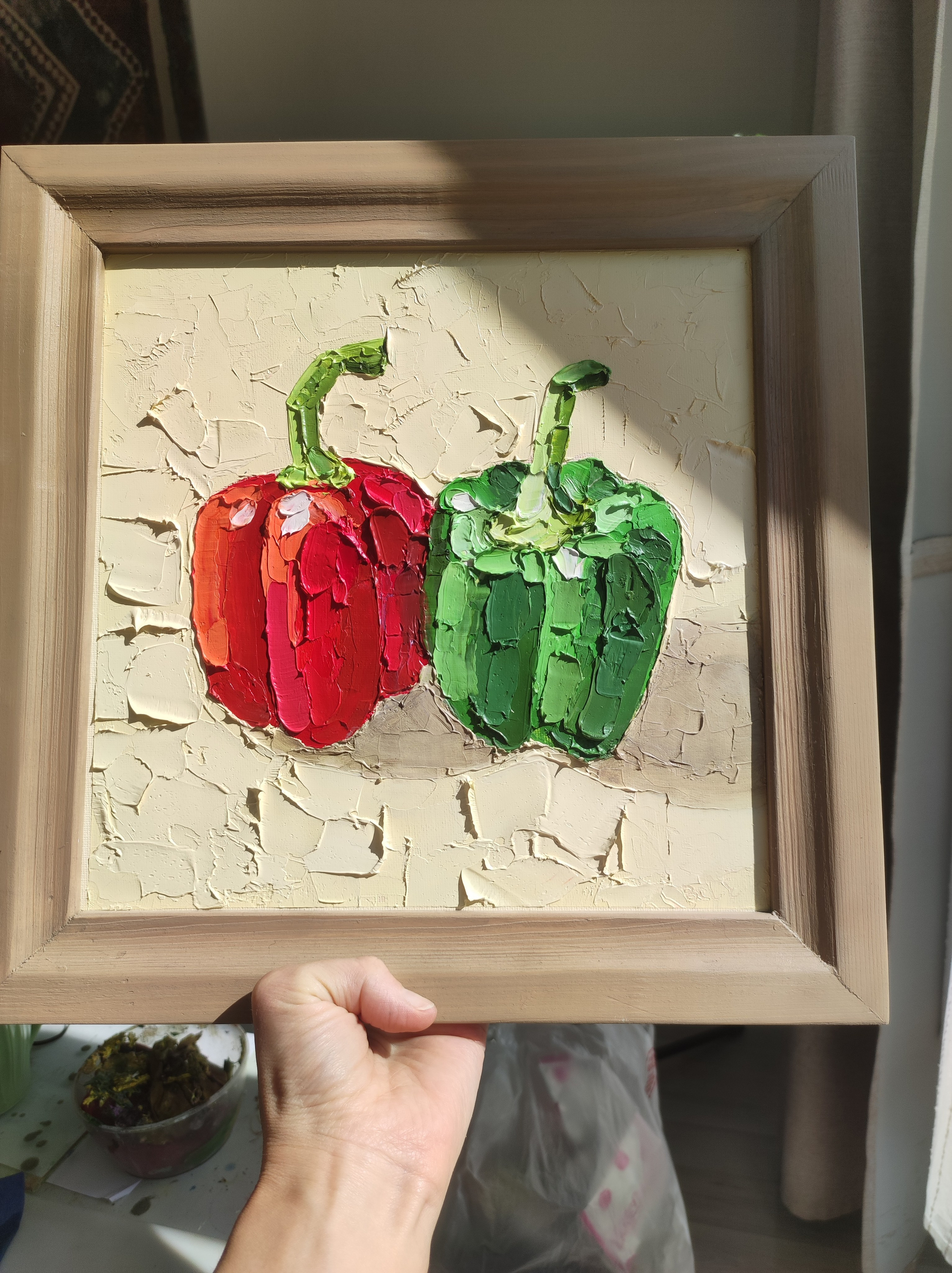 Яркая картина маслом на холсте, натюрморт с перцами в технике импасто