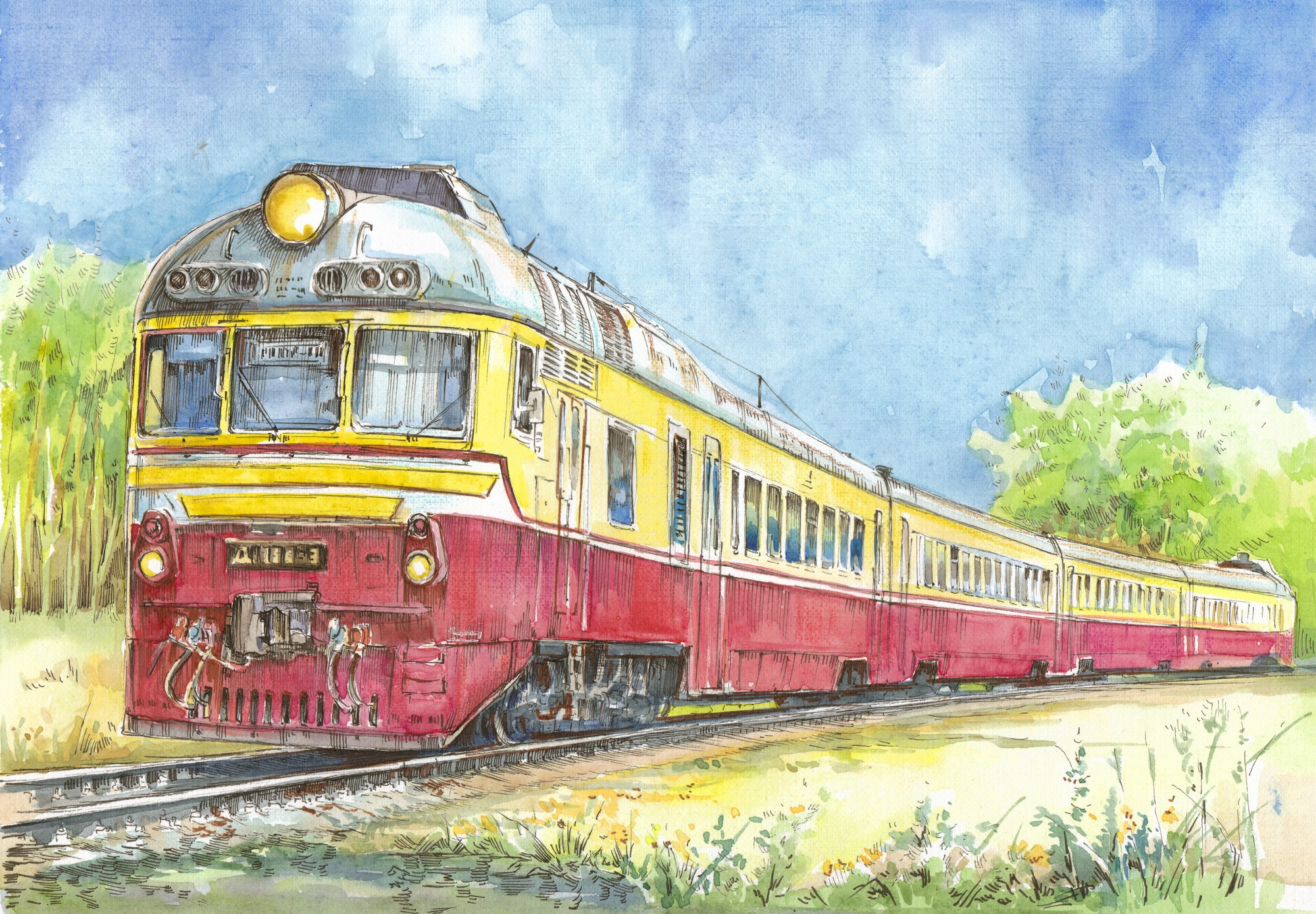 Пригородные поезда. Художник Александр Петрунин