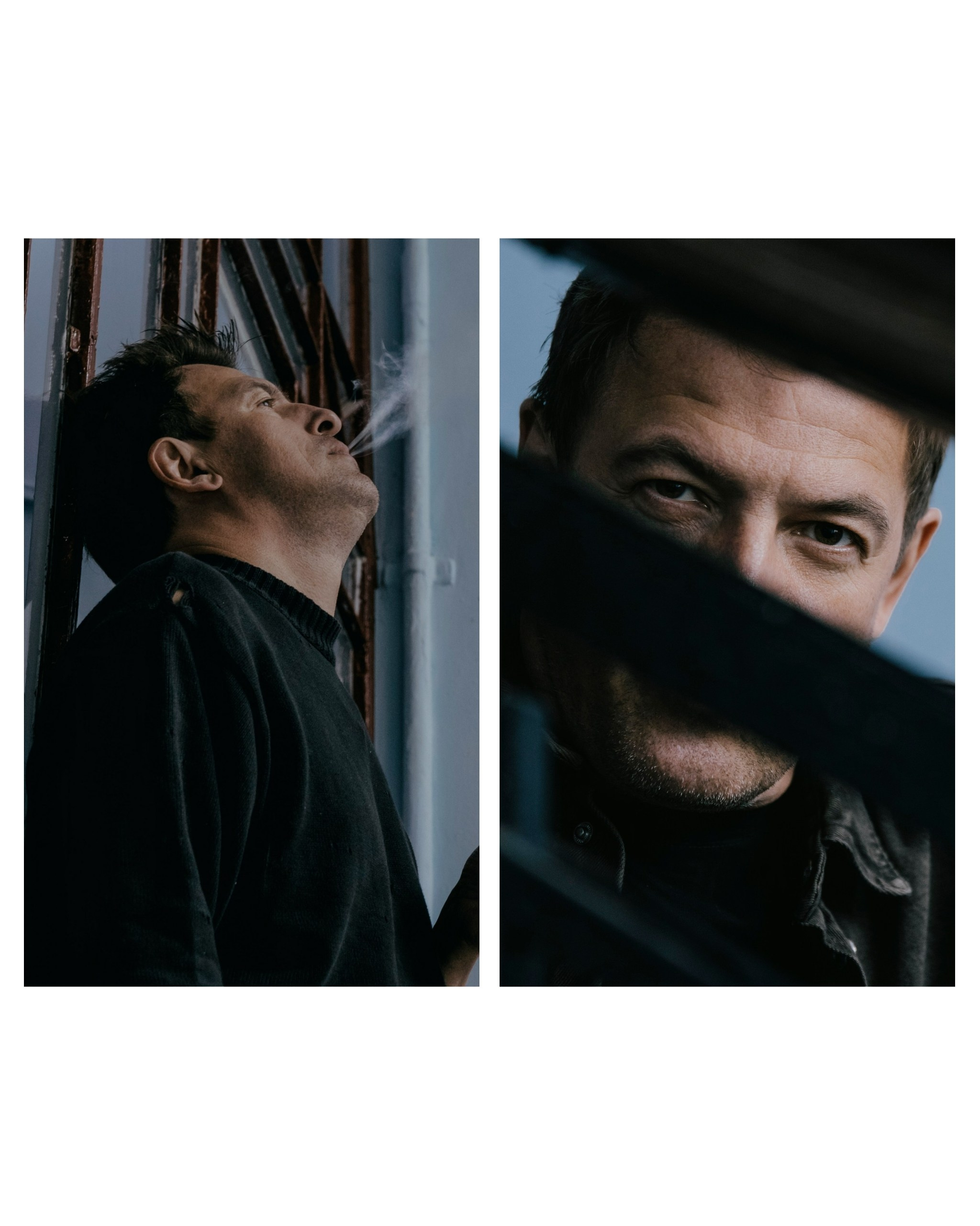 мужчина курит, выпускает дым, карие мужские глаза