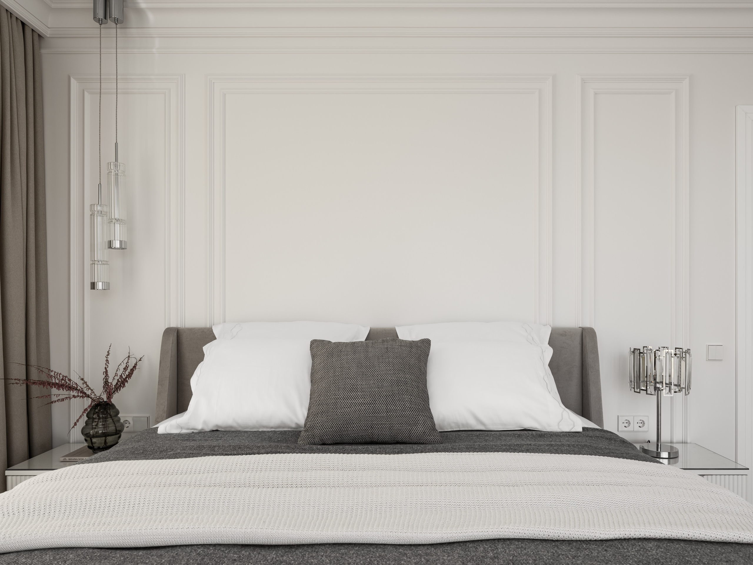 Современный интерьер спальни в светлых тонах с мягким серым изголовьем кровати, белыми панелями и текстильными акцентами, созданный дизайнером Алёной Боярской. Стилист Наталья Якушева подчеркнула уют и баланс, фотограф Сергей Денисенко запечатлел гармонию композиции.