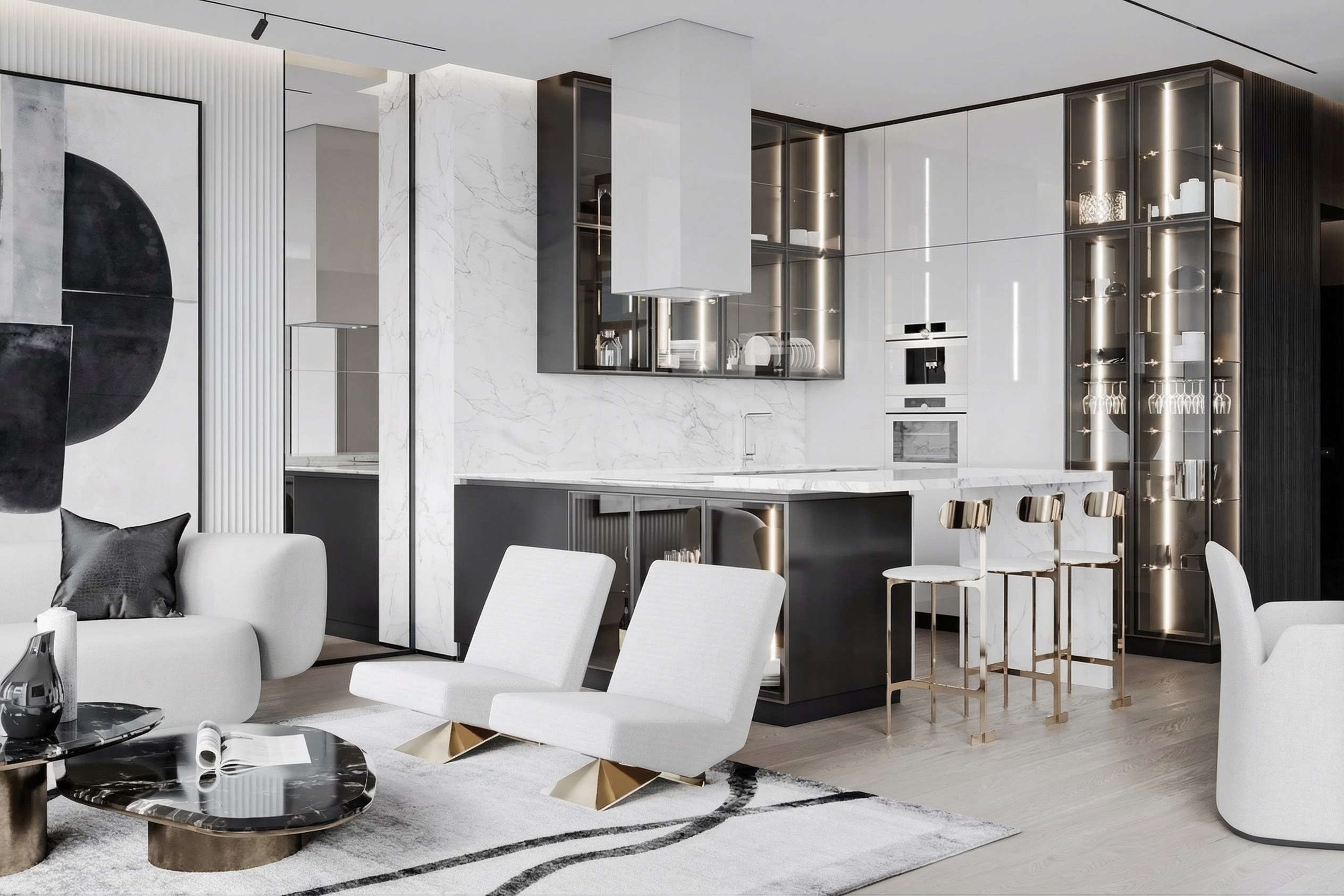 Современный дизайн кухни-гостиной в квартире 125 м² от Валерии Котович: кухонный остров из мрамора, минималистичные фасады, барные стулья с латунным основанием и витрины с подсветкой.