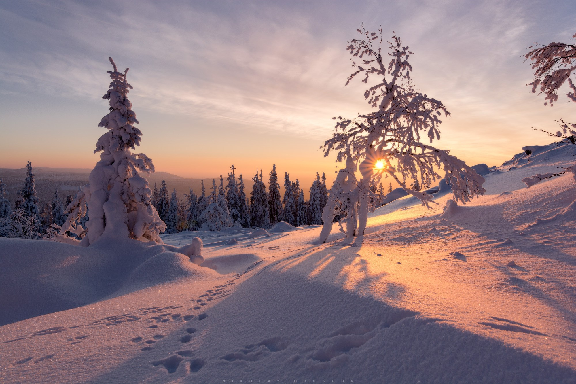 Красивый уральский зимний пейзаж на горе Белая раскрывает холодную красоту природы России.