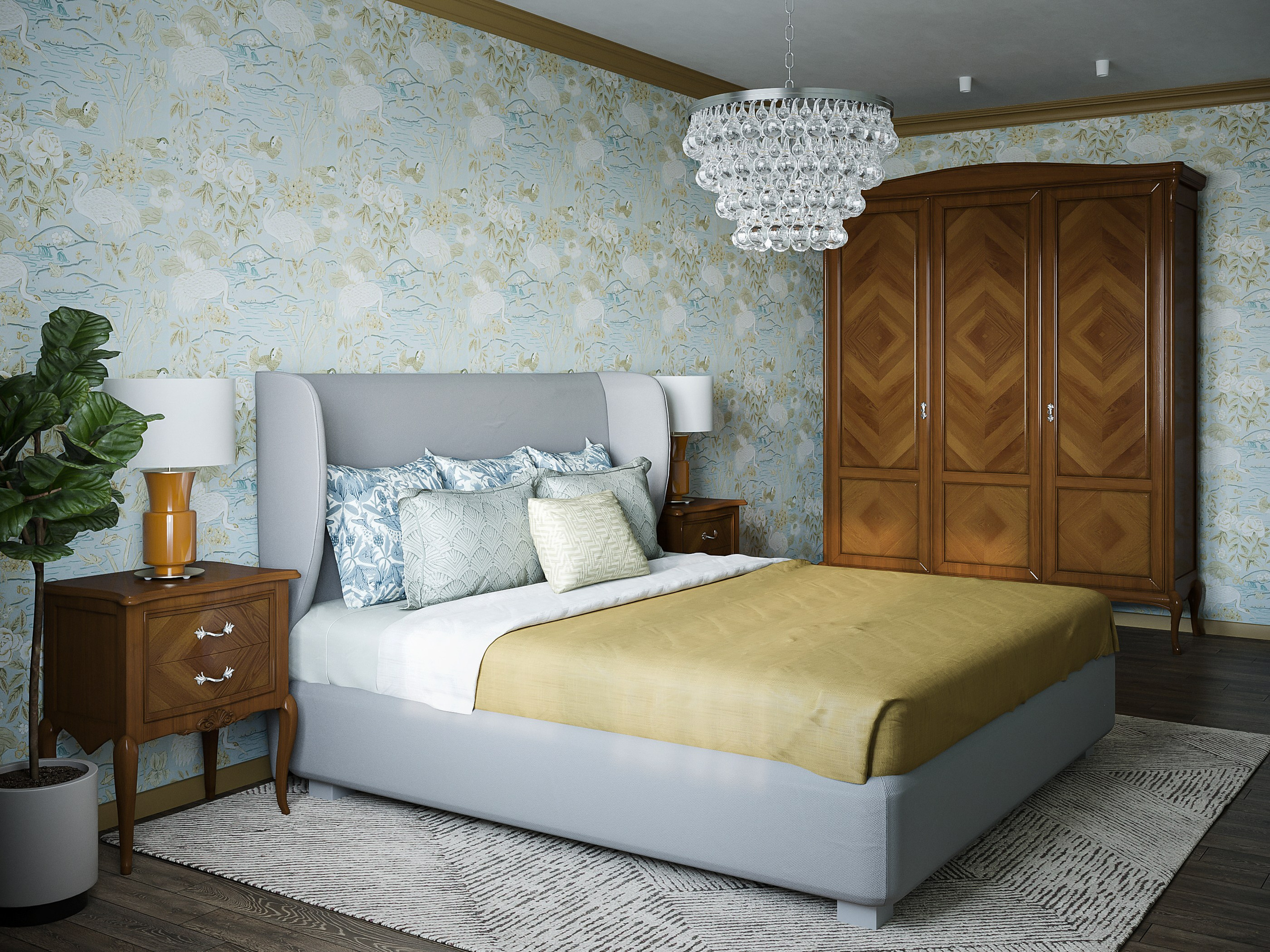 интерьер спальни в классическом стиле с современной кроватью, светло-голубые английские обои
