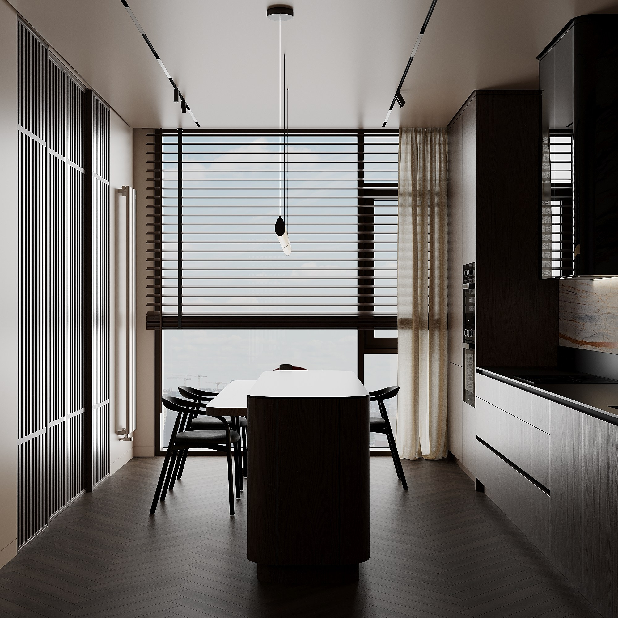 Вид на кухонный остров и обеденный стол с потрясающим видом из окна  View of the kitchen island and dining table with a stunning view from the window